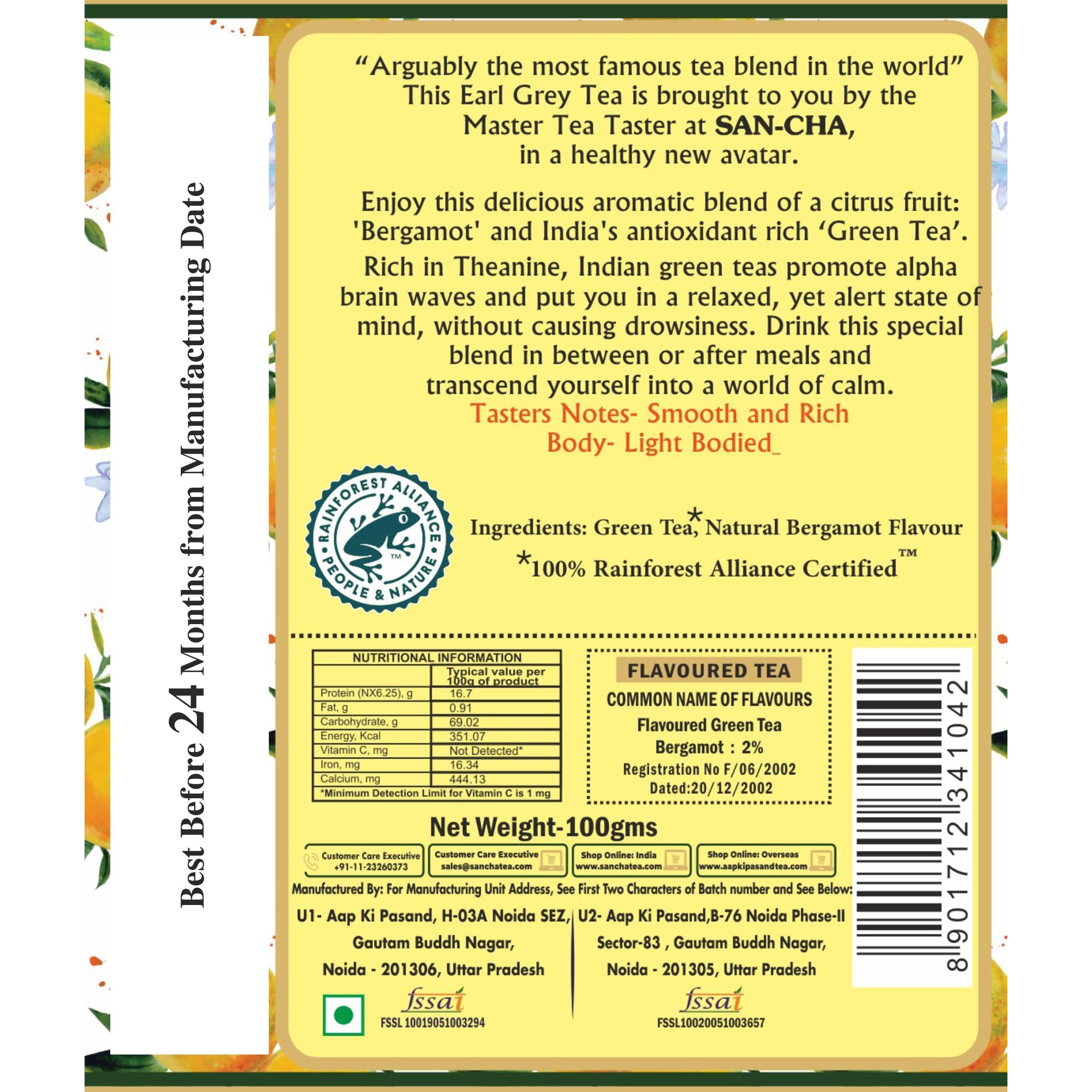 SAN-CHA Tea Boutique Earl Grey (Bergamot) Green Tea (100 Cupsx3), Rich In Antioxidants, Made With Natural Bergamot Oil, 100% Rainforest Alliance Certified, Green Tea Immunity, Loose Leaves - 210 Gm