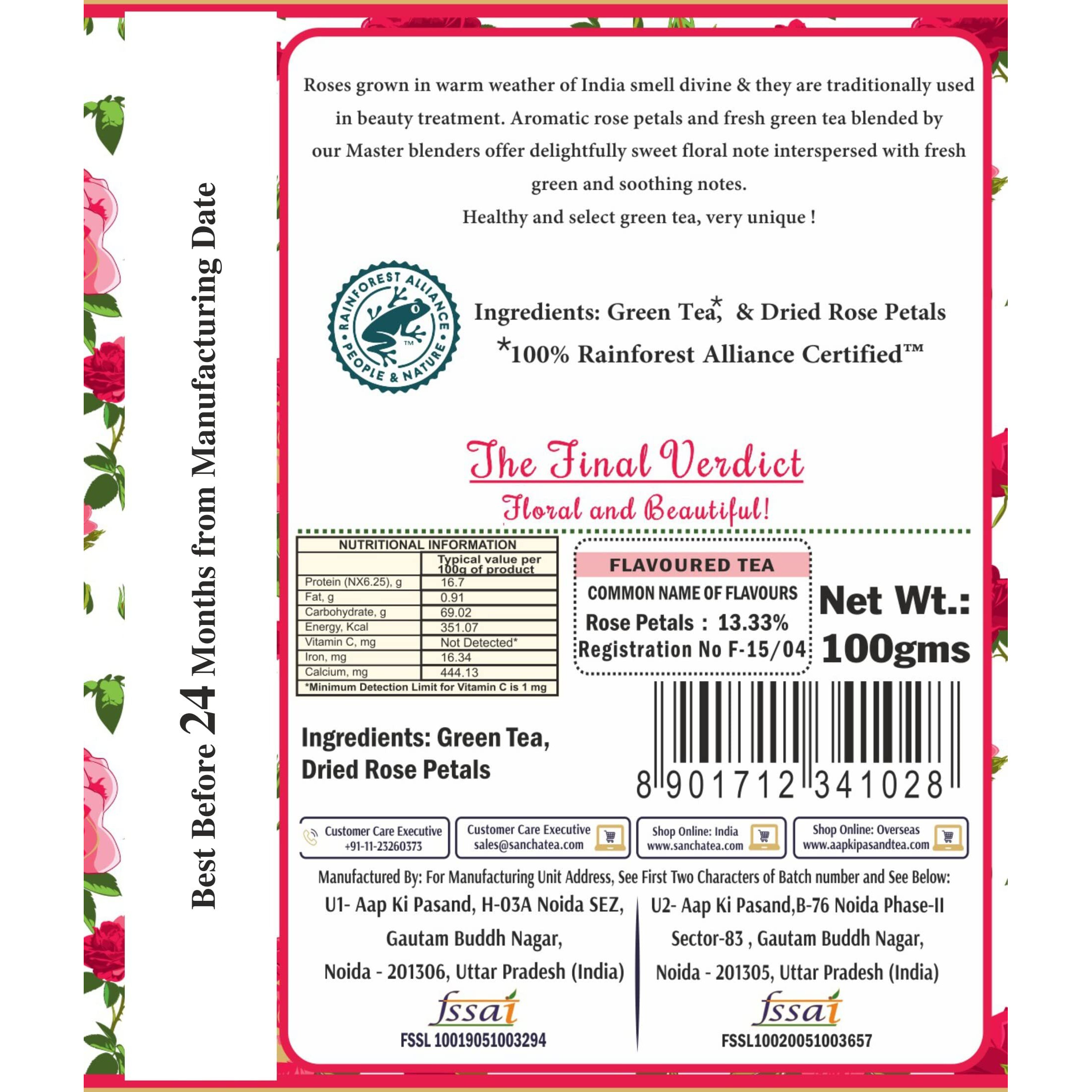SAN-CHA Tea Boutique Wild Rose Green Tea, Rose Tea (1 Gram, 100+Cups), Real Rose Petals Blend, 100% Rainforest Alliance Certified, Immunity