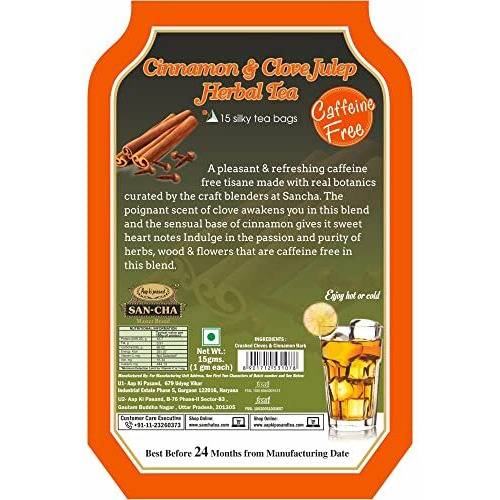 Sancha Tea Boutique Cinnamon & Clove Herbal Tea | Caffeine Free | 15 Pyramid Tea Bags | Digestive Tea with Crushed Cardamom Bark