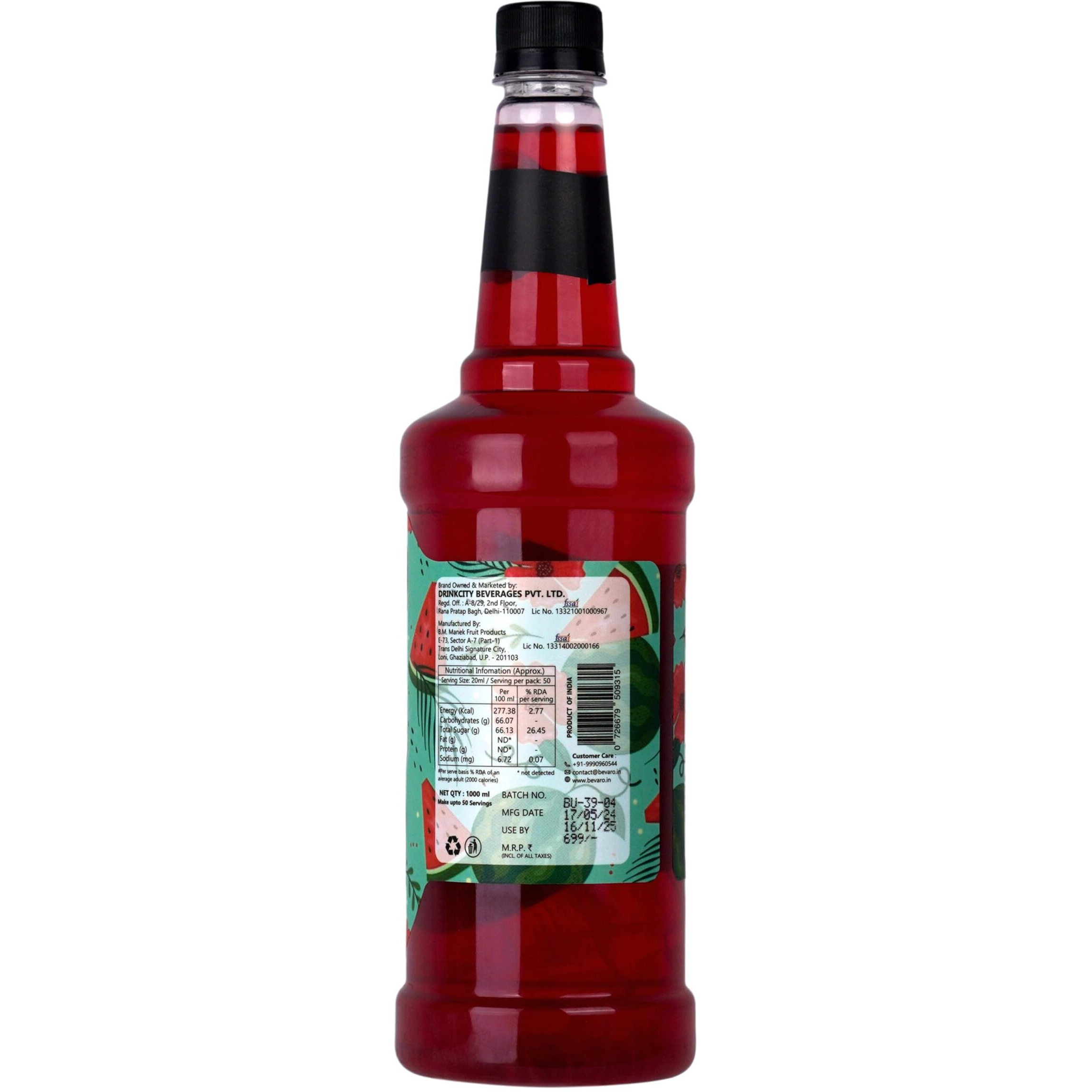 Bevaro Watermelon Delight Flavoured Syrup | Suitable For Cocktails, Mocktail, Mixer, Drinks, Juices and other Beverages |1000ml