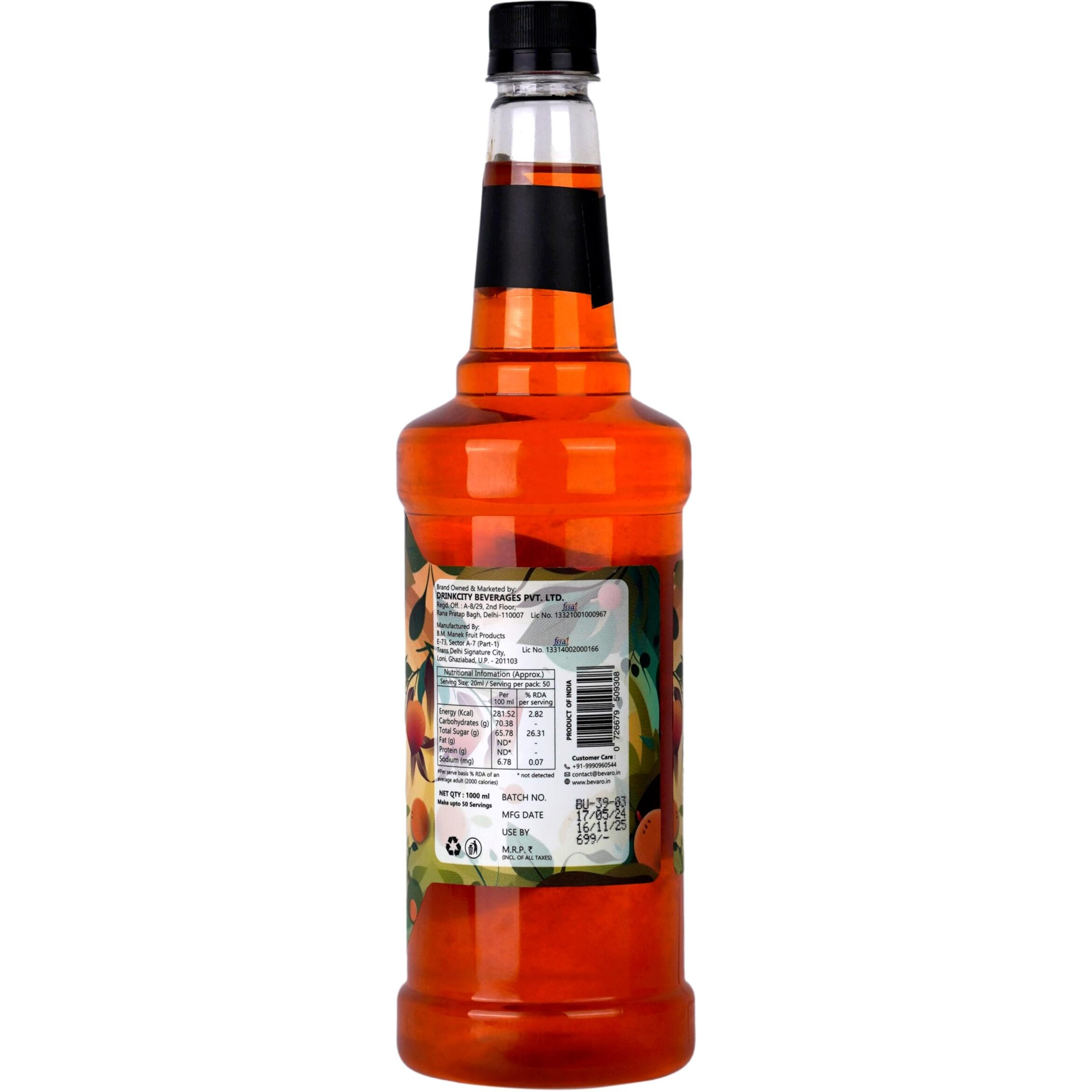 Bevaro Peach Punch Flavoured Syrup | Fruity Flavour | Suitable For Cocktails, Mocktail, Mixer, Drinks, Juices and other Beverages |1000ml