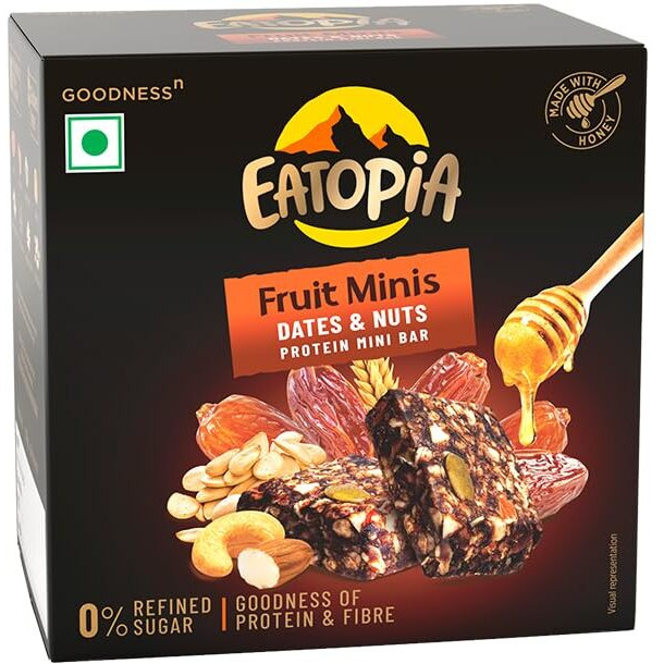 Eatopia Dates & Nuts Fruit Minis | 100% Natural Energy Bar, No Preservatives | Sugar Free Healthy Breakfast Snacks | Dry Fruits Protein Bars | Oats & Honey, Nuts & Seeds | Pack of 1 (5 Minis)