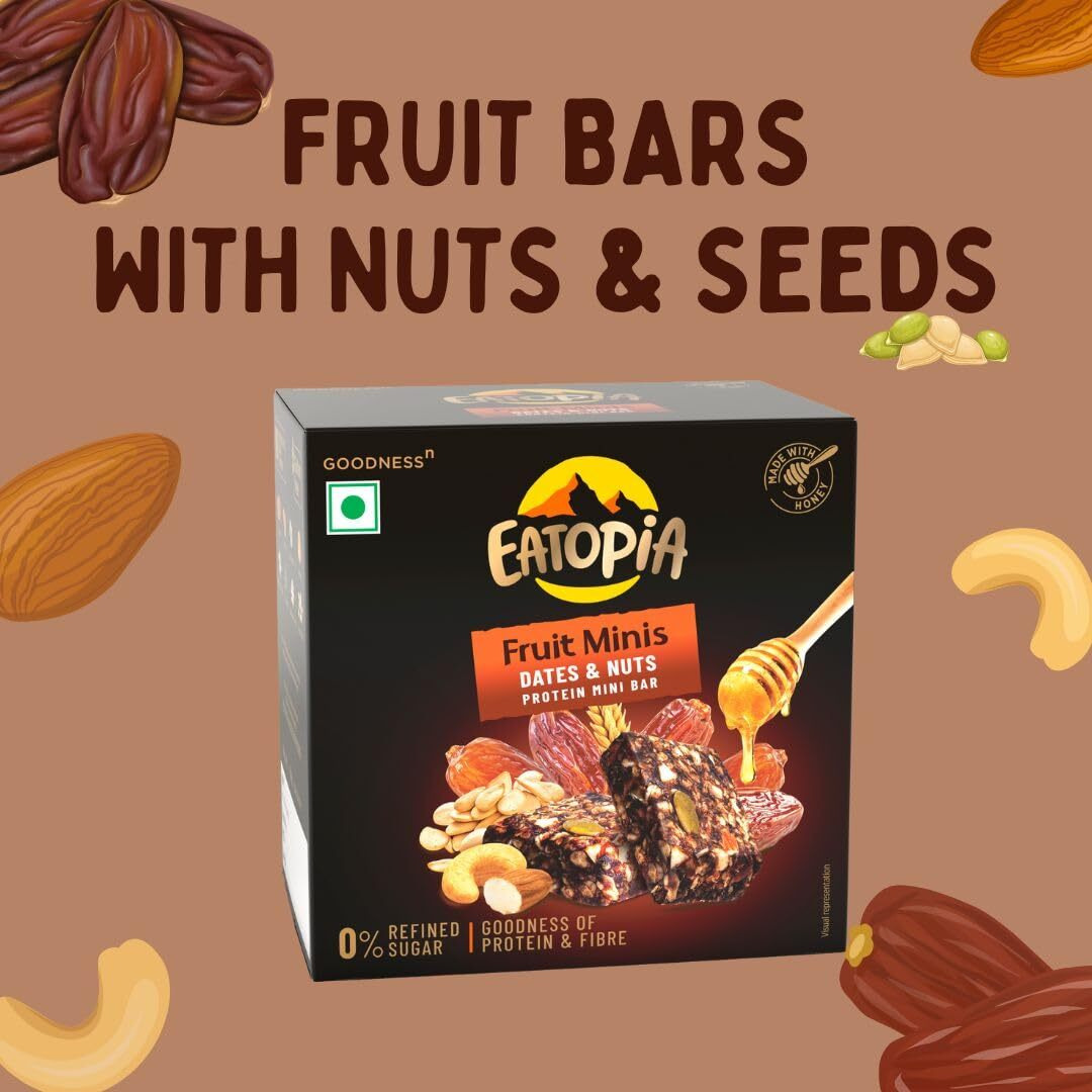 Eatopia Dates & Nuts Fruit Minis | 100% Natural Energy Bar, No Preservatives | Sugar Free Healthy Breakfast Snacks | Dry Fruits Protein Bars | Oats & Honey, Nuts & Seeds | Pack of 1 (5 Minis)