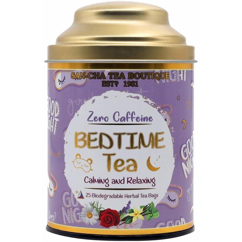 SAN-CHA Tea Boutique, Bedtime Tea, Caffeine Free Tea Bags, 25 Pyramid Tea Bags, For Stress Relief & Good Sleep, Blend Of Real Vanilla, Lavender, Rose & Chamomile Flowers, Sleep Tea, 340 Gram
