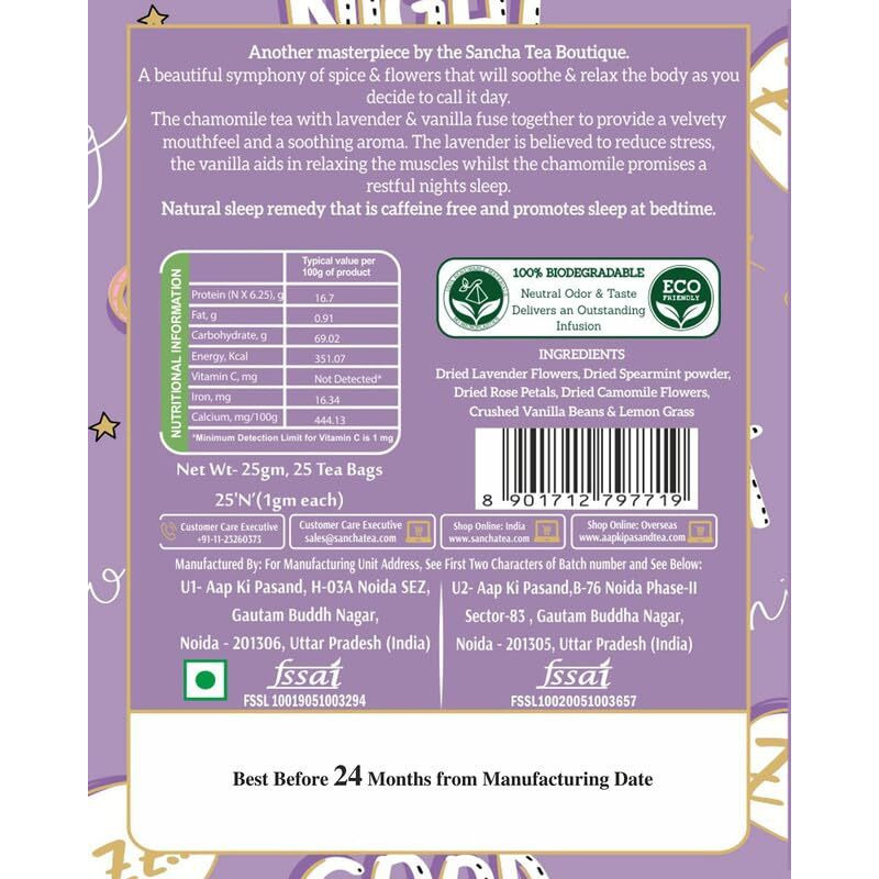 SAN-CHA Tea Boutique, Bedtime Tea, Caffeine Free Tea Bags, 25 Pyramid Tea Bags, For Stress Relief & Good Sleep, Blend Of Real Vanilla, Lavender, Rose & Chamomile Flowers, Sleep Tea, 340 Gram