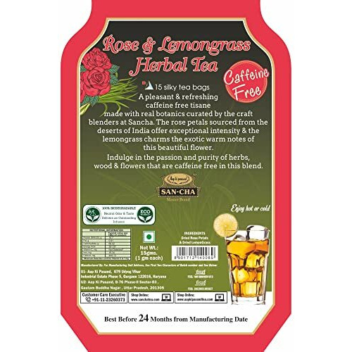 SAN-CHA Tea Boutique Rose & Lemongrass Herbal Tea Bags, Caffeine Free Tea(Pack Of 15) 100% Biodegradable Tea Bags, Pyramid Tea Bags, Lemon Grass Tea - 0.2 Kg