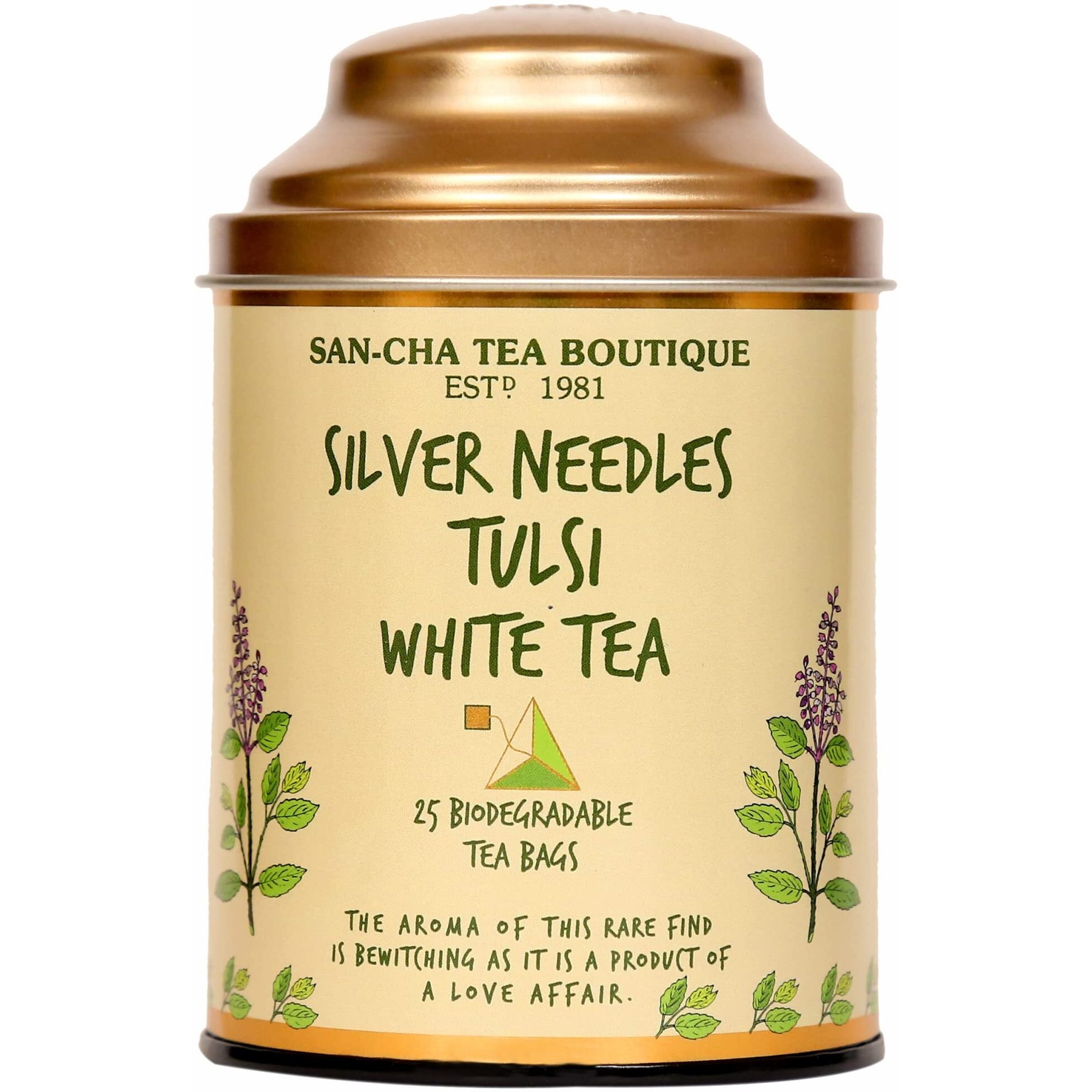SAN-CHA Tea Boutique Tulsi White Tea (25 Pyramid Tea Bags) Pure Tea Buds Blended With Holy Basil Leaves, Worlds Healthiest Tea, Silver Needles White Tea, 1 Gram