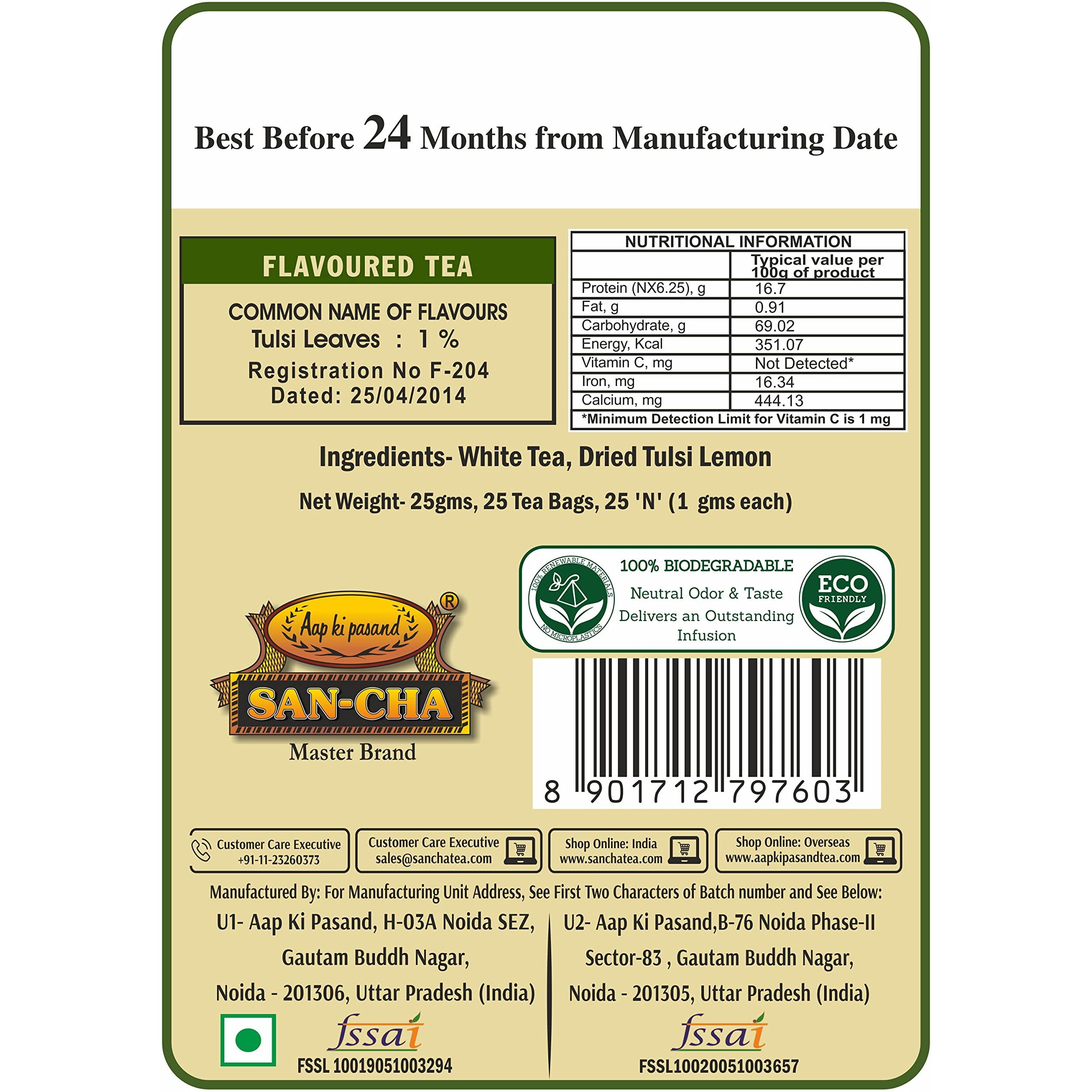 SAN-CHA Tea Boutique Tulsi White Tea (25 Pyramid Tea Bags) Pure Tea Buds Blended With Holy Basil Leaves, Worlds Healthiest Tea, Silver Needles White Tea, 1 Gram