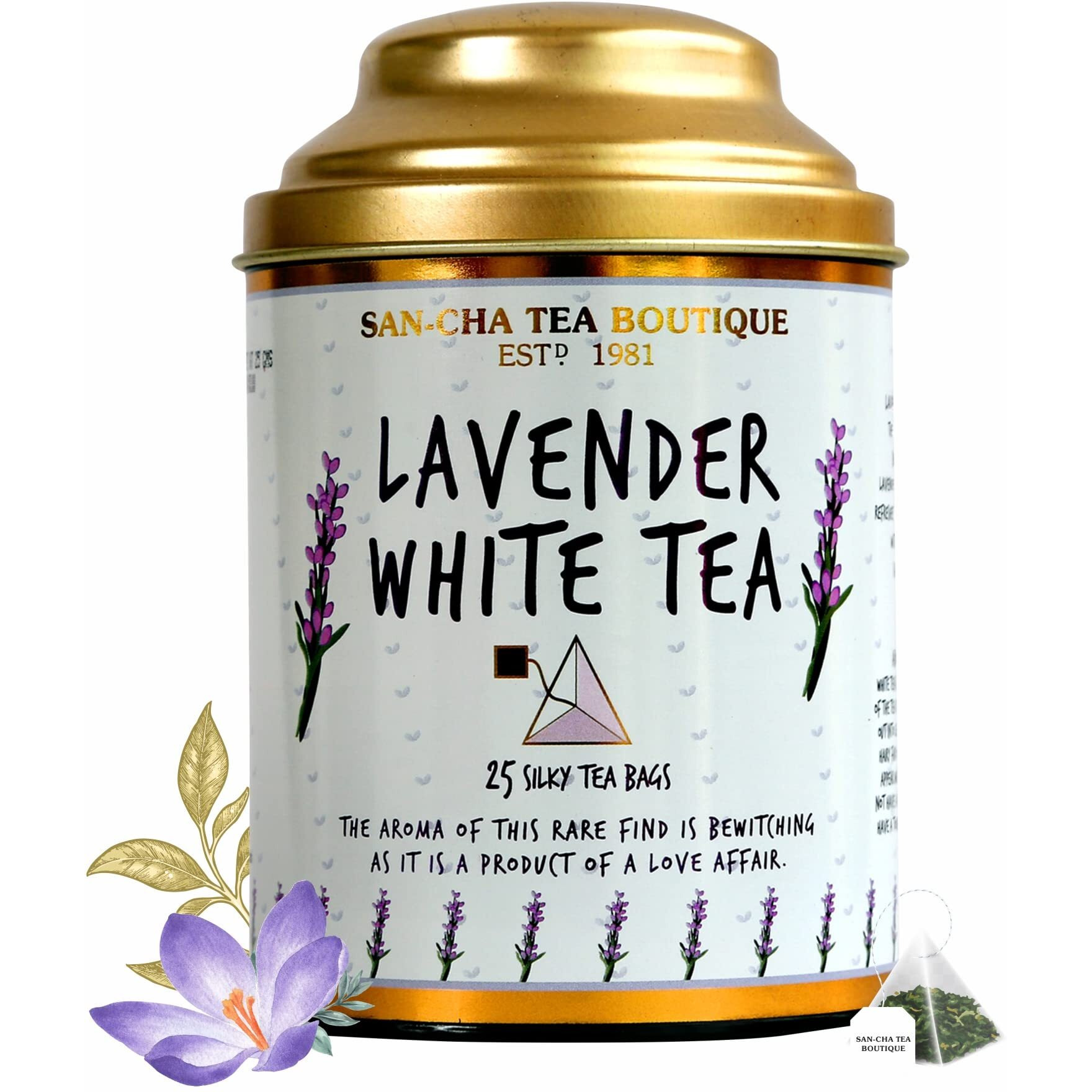 SAN-CHA Tea Boutique, Lavender White Tea, 25 Pyramid Tea Bags, Calming & Relaxing Tea, Silver Needle White Tea, 150 grams