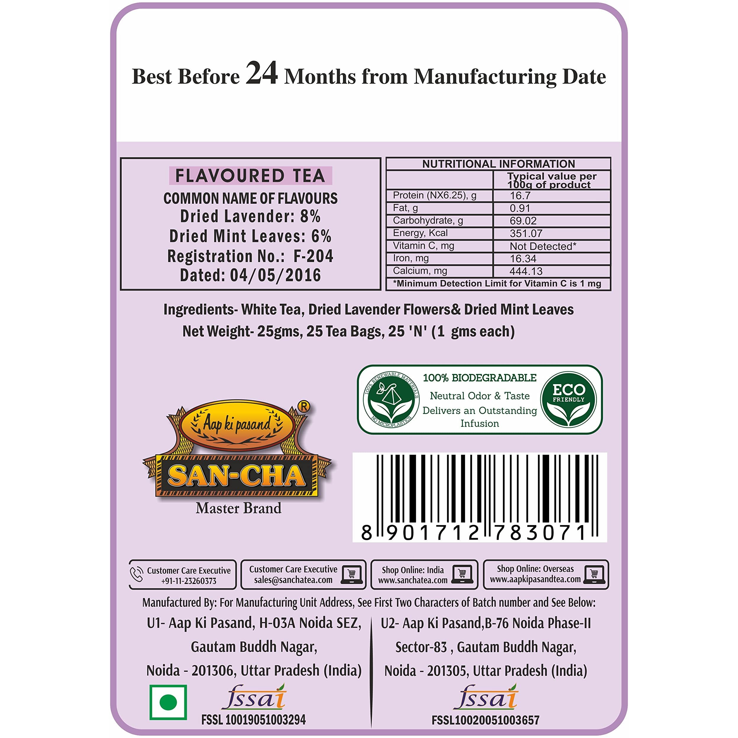 SAN-CHA Tea Boutique, Lavender White Tea, 25 Pyramid Tea Bags, Calming & Relaxing Tea, Silver Needle White Tea, 150 grams