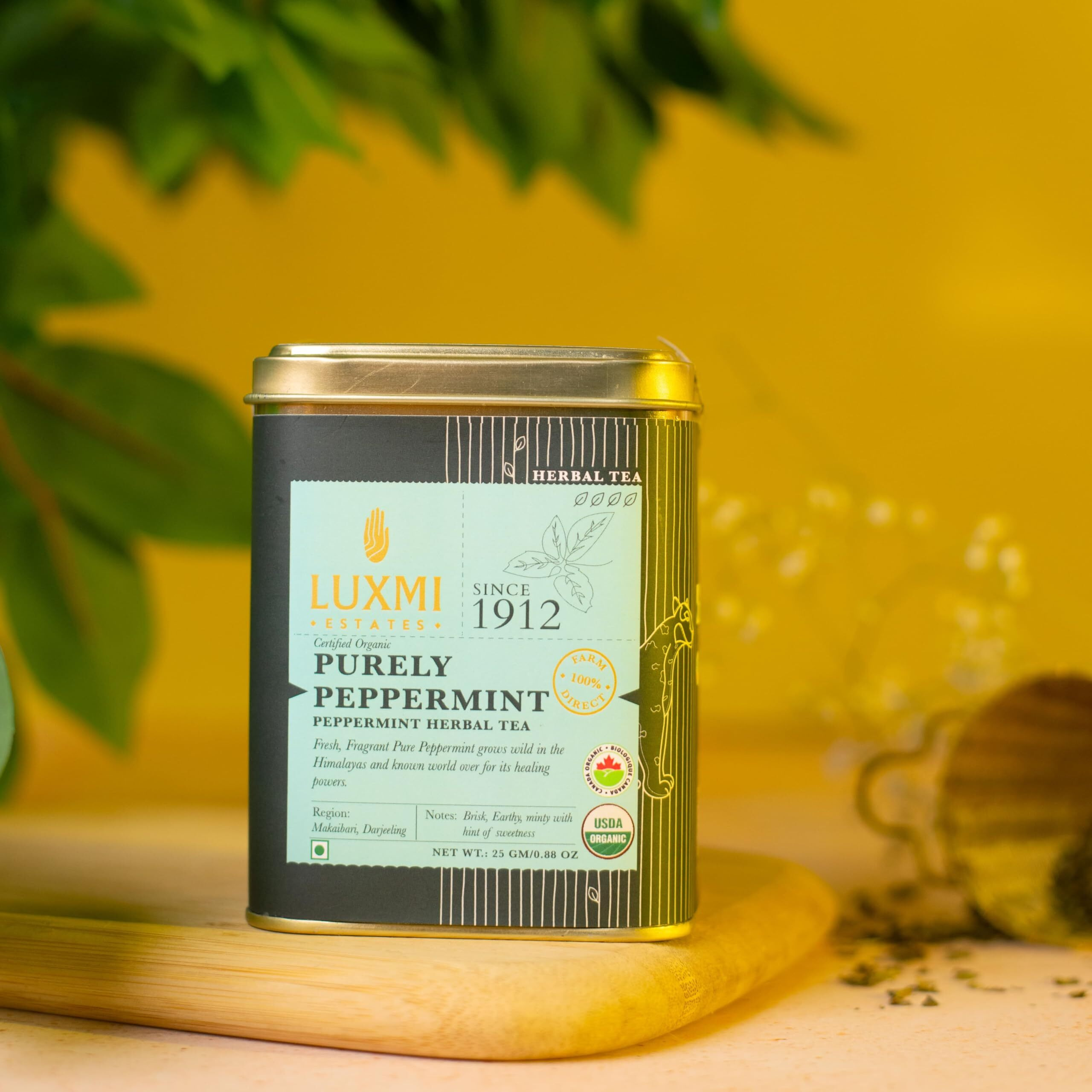 LUXMI Estates Purely Peppermint 25Gm Tin | Loose Leaves|Usda Certified Organic Herbal Tea | Mint Tea Best For Night Time
