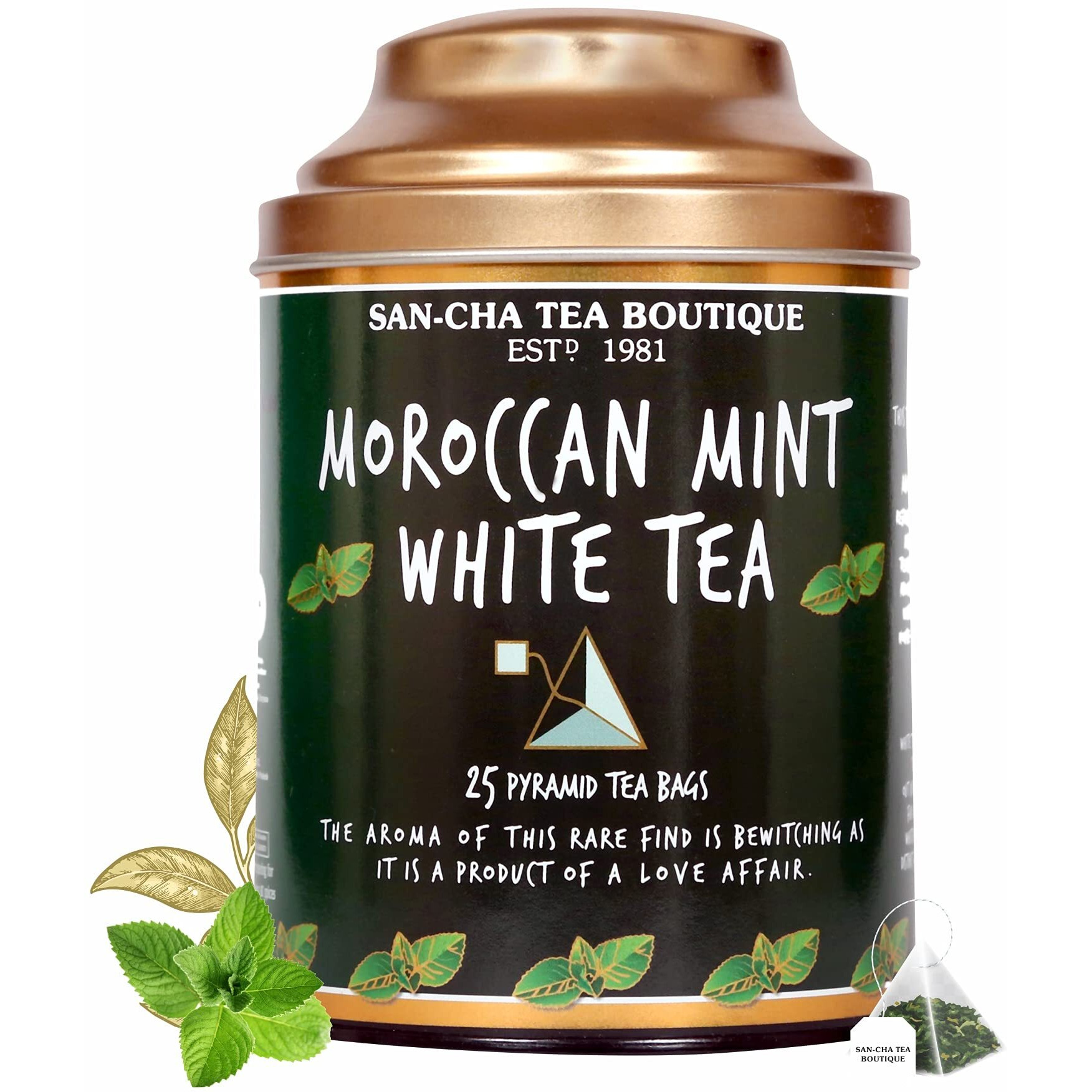 SAN-CHA Tea Boutique,Moroccan Mint White Tea,25 Pyramid Tea Bags,Richest In Antioxidants,Low Caffeine Tea,Blended With Real Spearmint Leaves,Silver Needles White Tea,Herbal Tea For Pcos & Pcod-140 Gm