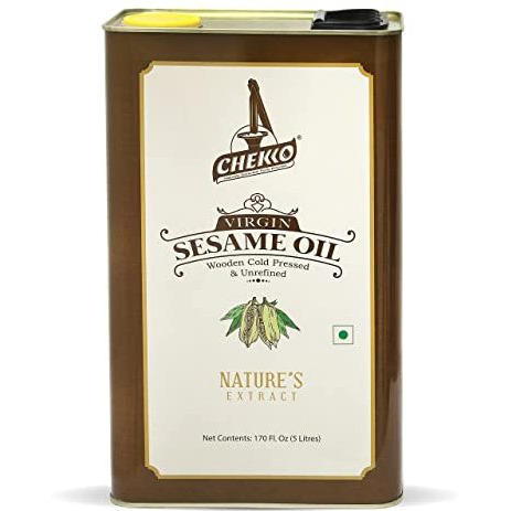 Chekko Cold Pressed Virgin Sesame (Gingelly) Oil | 100% Natural, Pure & Wood Pressed (5L) for Cooking, Haircare, Seasoning, Oil Massage and Oil Pulling