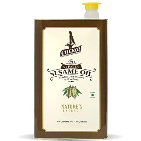 Chekko Cold Pressed Virgin Sesame (Gingelly) Oil | 100% Natural, Pure & Wood Pressed (5L) for Cooking, Haircare, Seasoning, Oil Massage and Oil Pulling