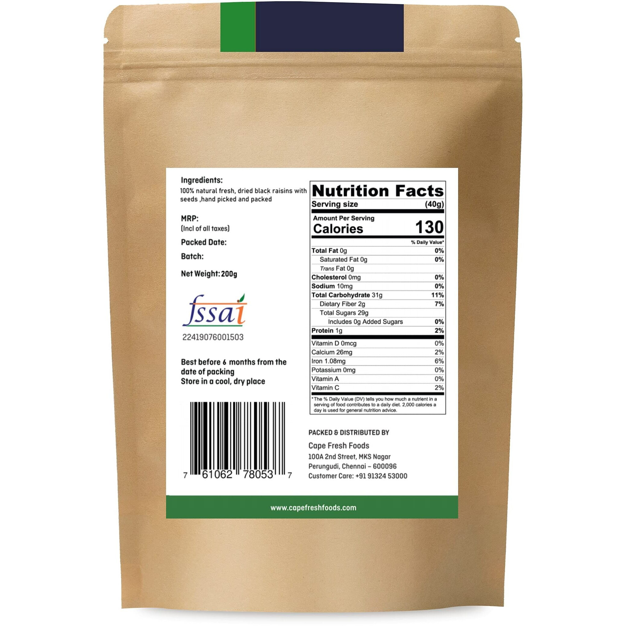 Cape Fresh Black Raisins With Seed 200g | Natural pure Raisins