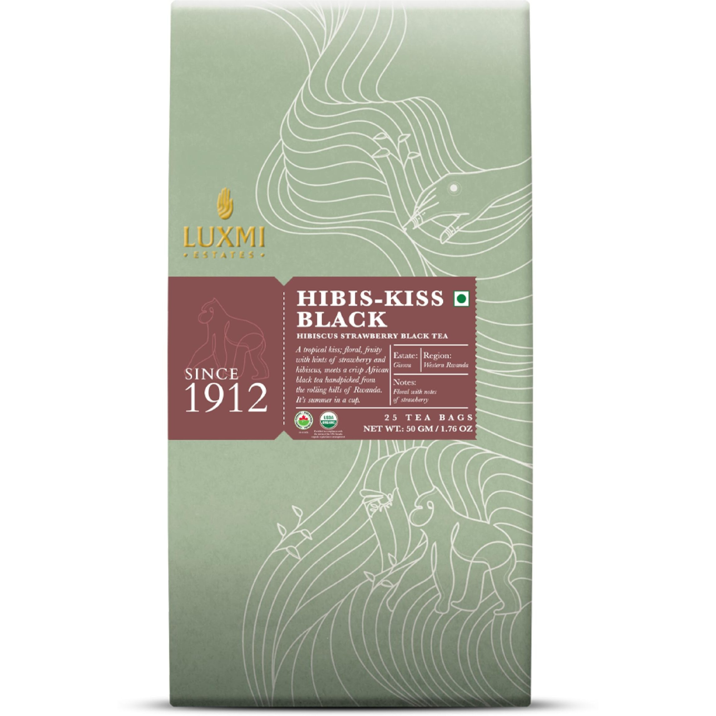 LUXMI Estates Hibis-Kiss Black Tea 25 Teas Bags (50 Gm) Pack | Certified Organic Black Tea|Hibiscus Strawberry|Herbal Tea