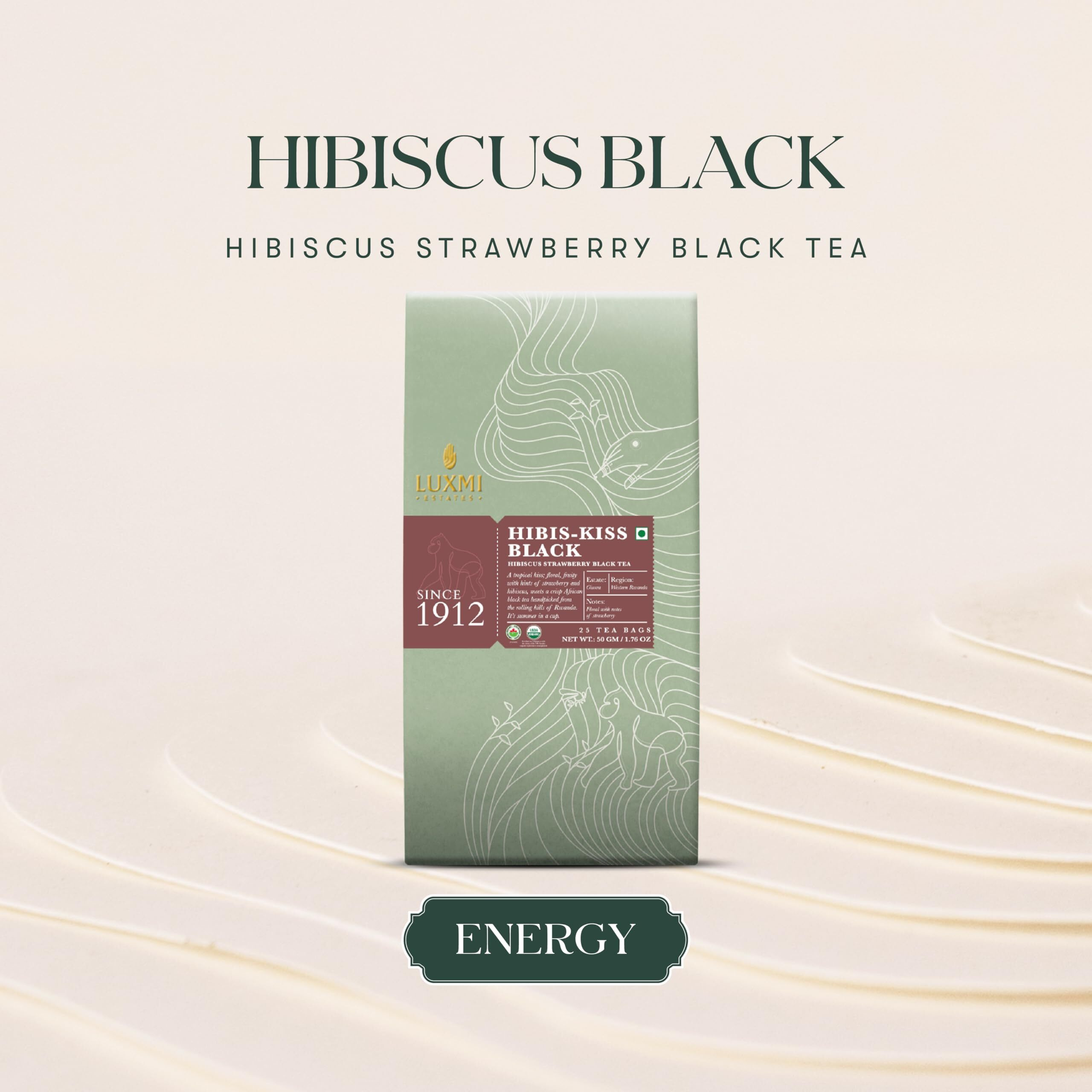LUXMI Estates Hibis-Kiss Black Tea 25 Teas Bags (50 Gm) Pack | Certified Organic Black Tea|Hibiscus Strawberry|Herbal Tea