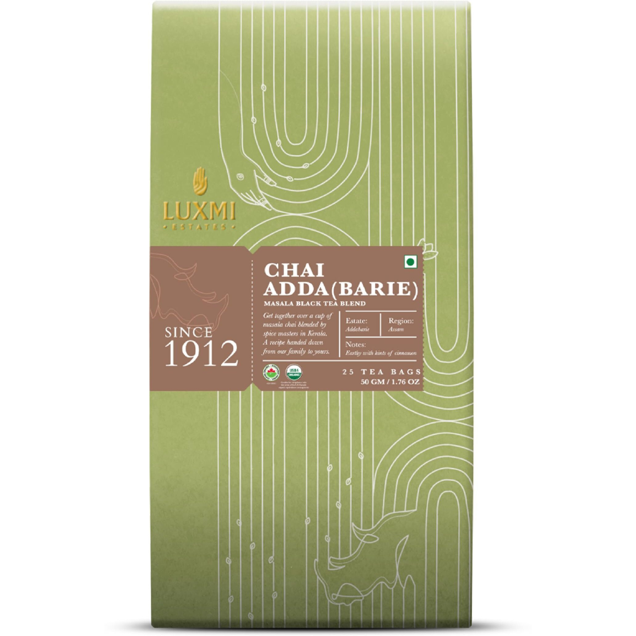 LUXMI Estates Masala Chai 25 Tea Bags Pack | Chai Adda-Bari | Organic Black Tea | Strong, Robust & Aromatic Masala Chai | Cinnamon & Cardamom | Energy Booster, 50 Gram