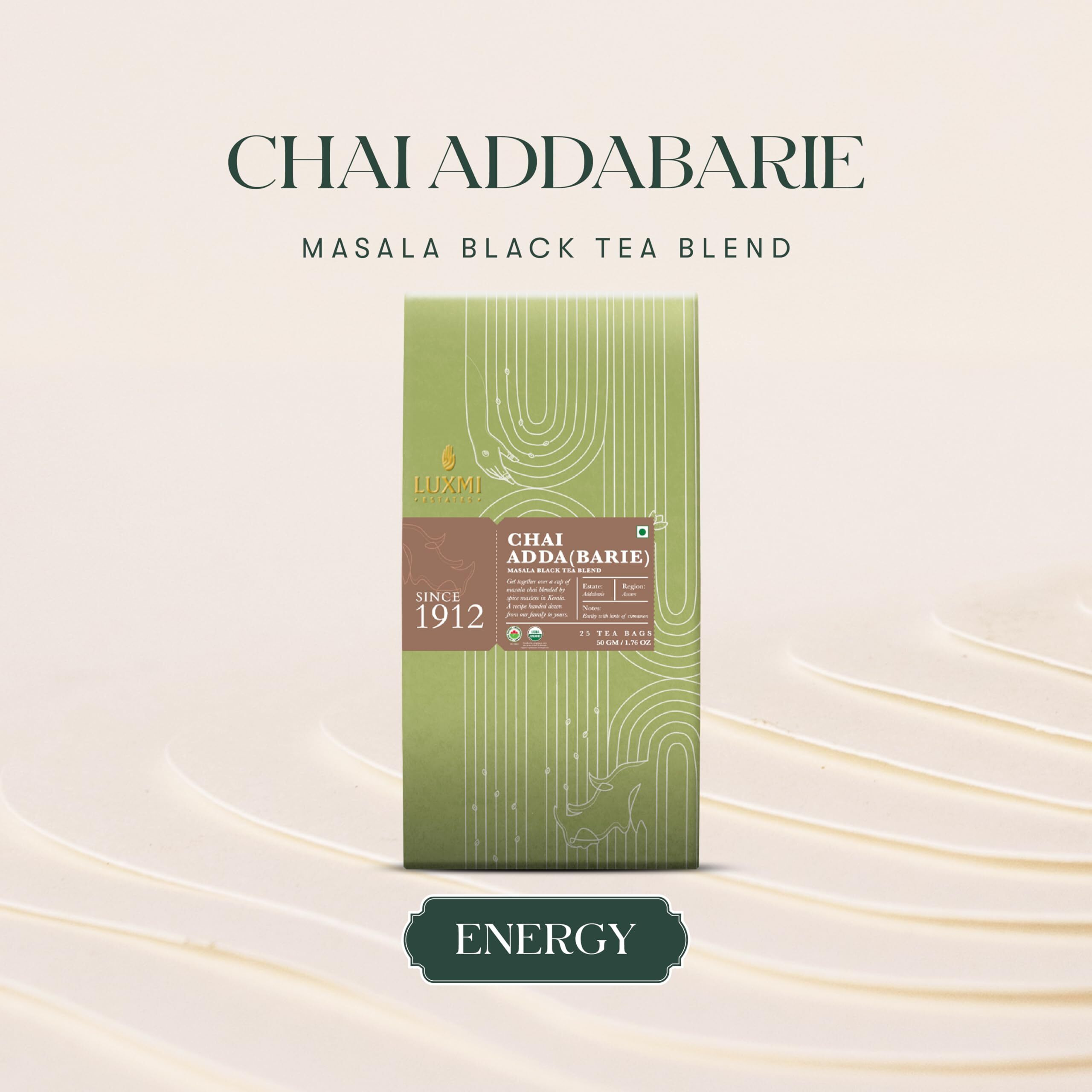 LUXMI Estates Masala Chai 25 Tea Bags Pack | Chai Adda-Bari | Organic Black Tea | Strong, Robust & Aromatic Masala Chai | Cinnamon & Cardamom | Energy Booster, 50 Gram
