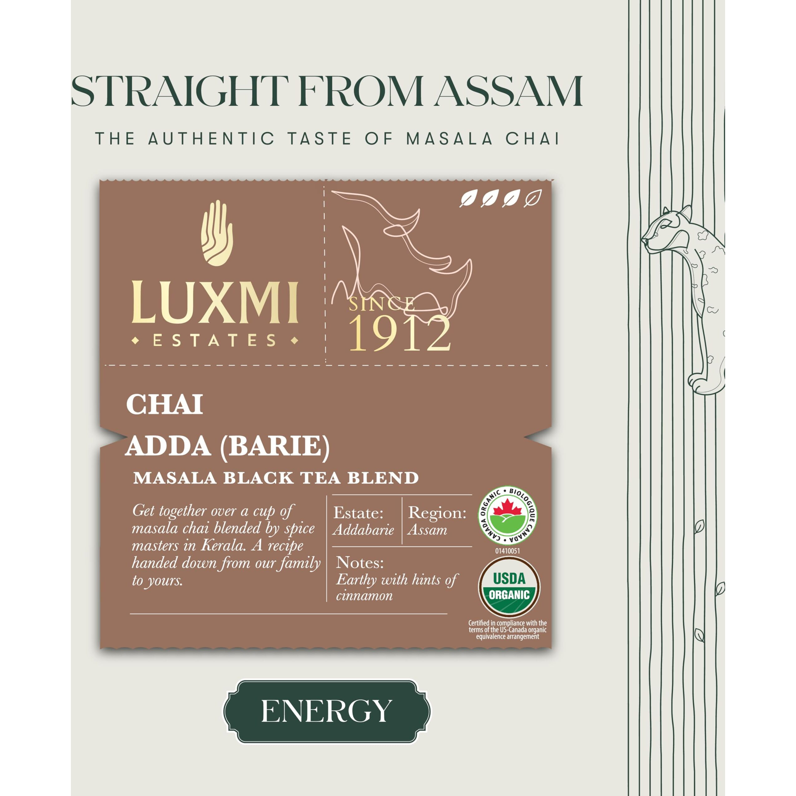 LUXMI Estates Masala Chai 25 Tea Bags Pack | Chai Adda-Bari | Organic Black Tea | Strong, Robust & Aromatic Masala Chai | Cinnamon & Cardamom | Energy Booster, 50 Gram
