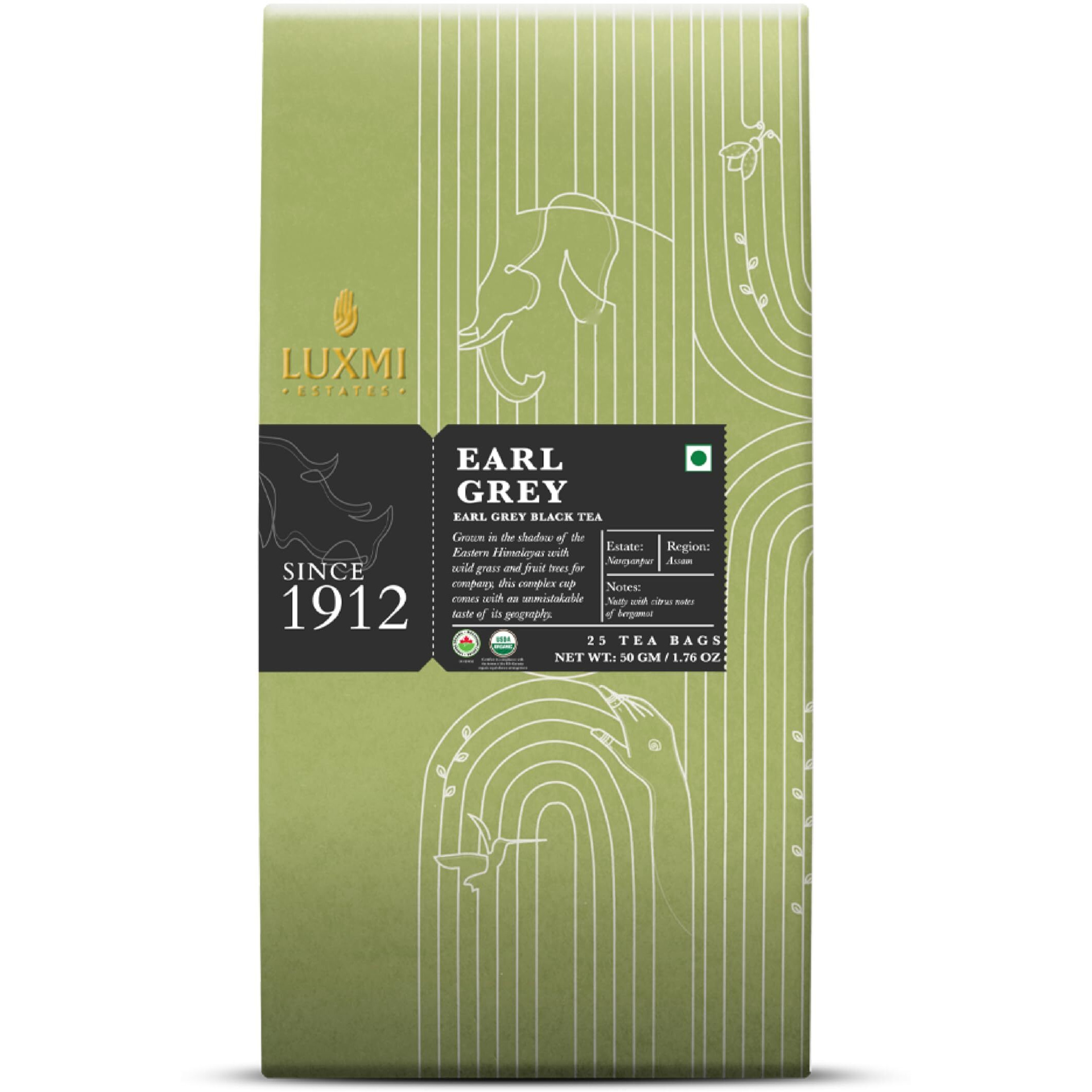 LUXMI Estates Garo Hills Organic Earl Grey Black Tea Bags - 25 Tea Bags (50 Gram)|Usda Organic - Earl Grey Tea|Natural Bergamot Extracts|25 Cups|Assam Black Tea|Morning Tea Alternative To Coffee