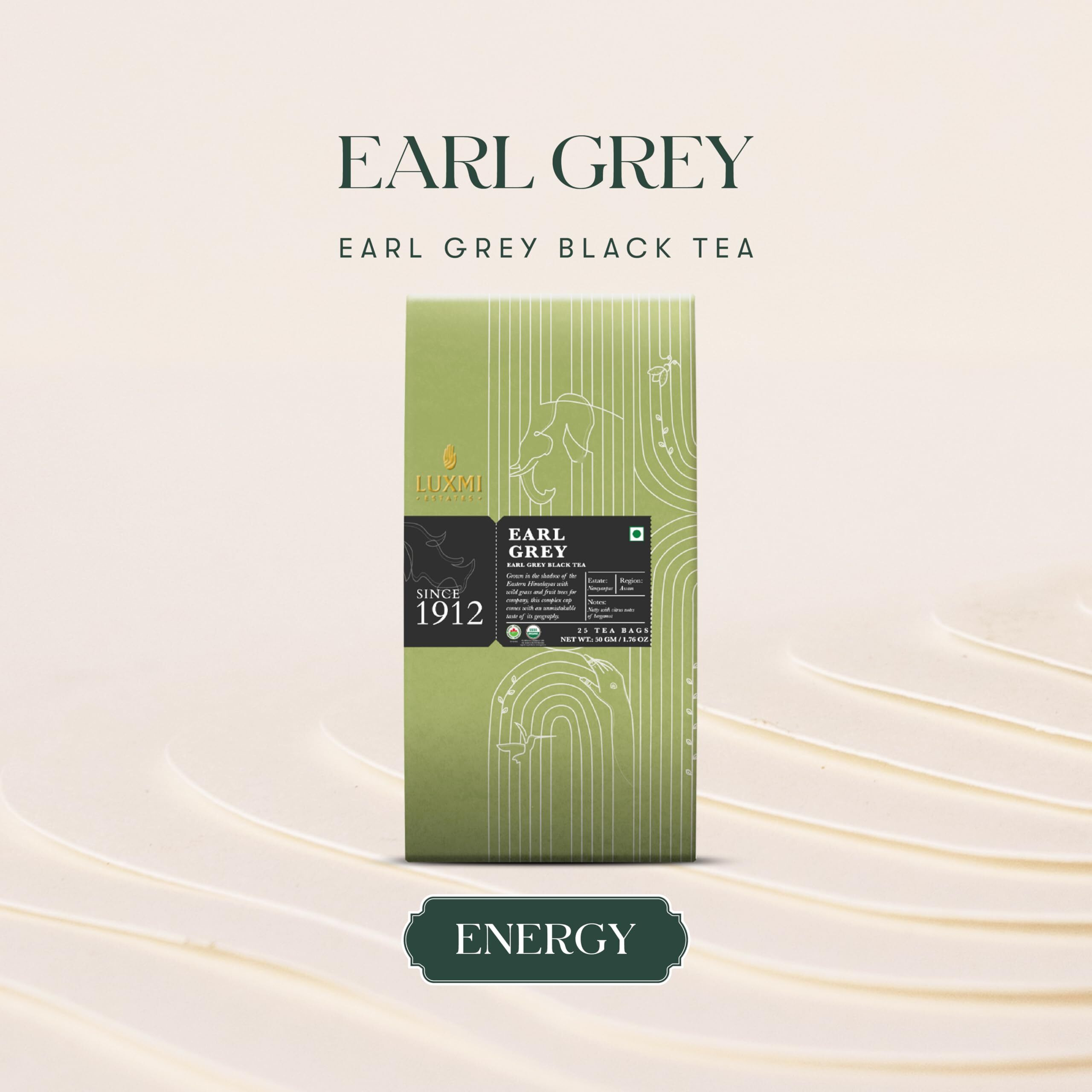 LUXMI Estates Garo Hills Organic Earl Grey Black Tea Bags - 25 Tea Bags (50 Gram)|Usda Organic - Earl Grey Tea|Natural Bergamot Extracts|25 Cups|Assam Black Tea|Morning Tea Alternative To Coffee