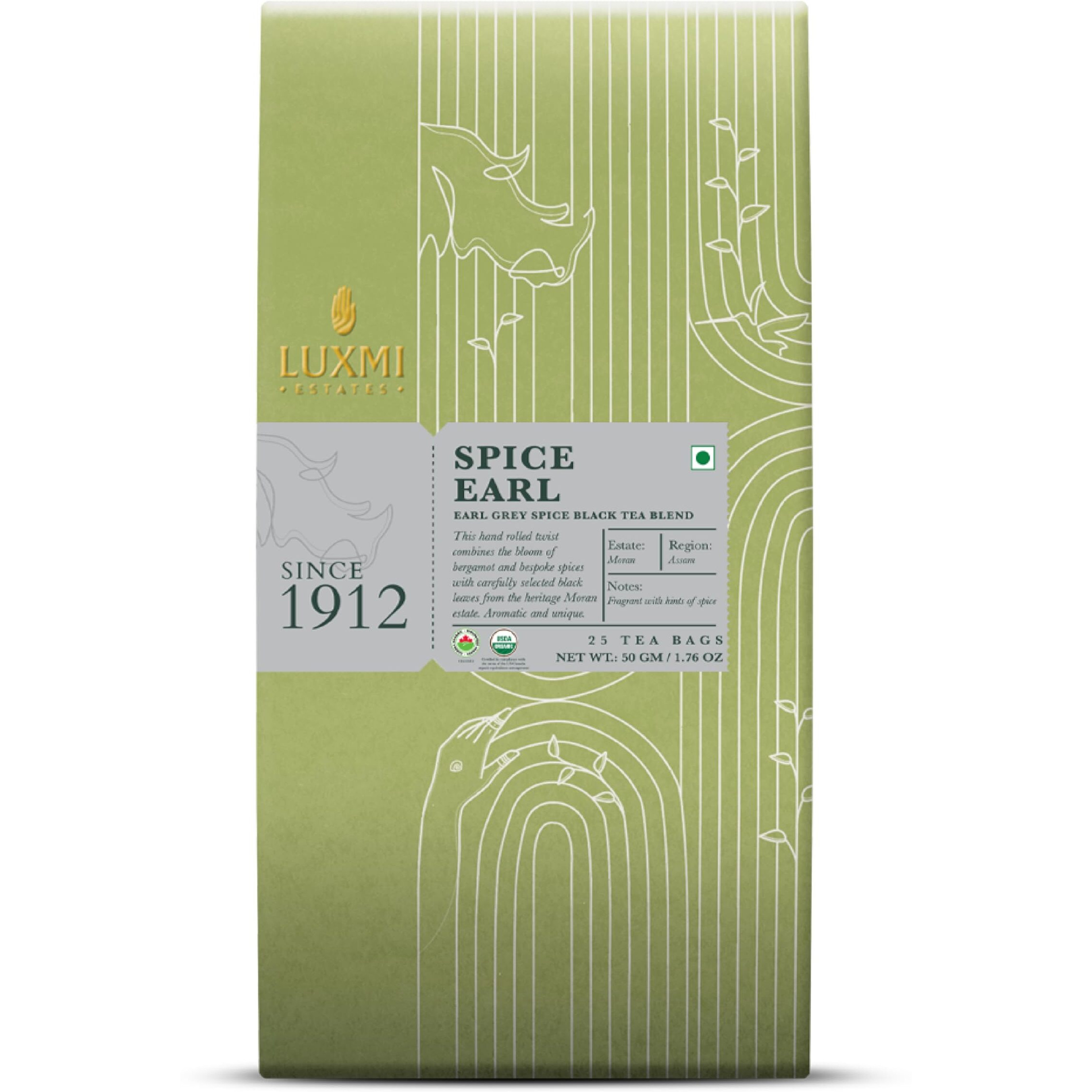 LUXMI Estates Spiced Earl Grey Tea 25 Tea Bags (50 Gm) Pack |Earl Grey Spice Black Tea Blend|Usda Certified Organic|Cinnamon,Cardamom,Cloves, Black Pepper