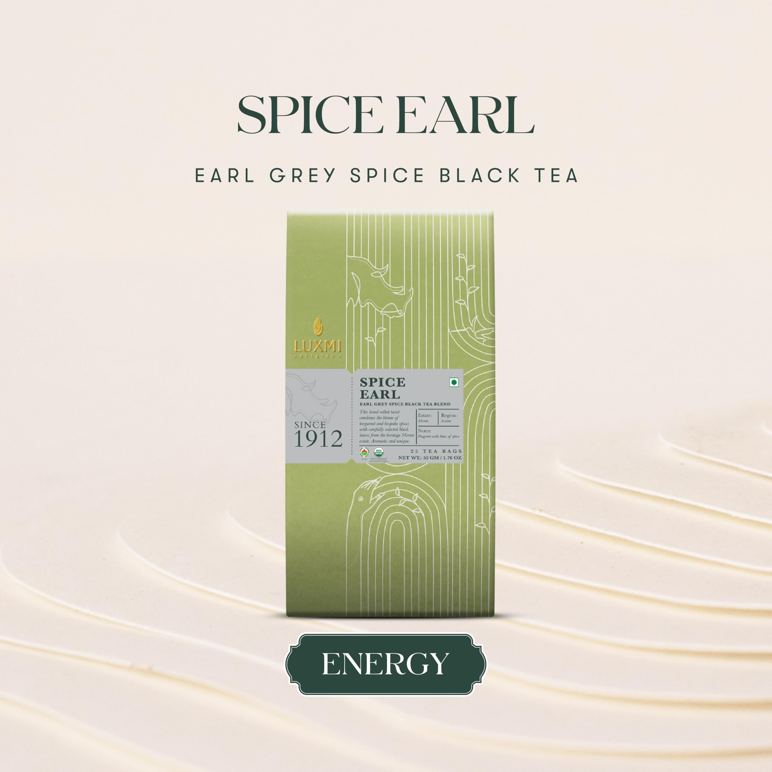 LUXMI Estates Spiced Earl Grey Tea 25 Tea Bags (50 Gm) Pack |Earl Grey Spice Black Tea Blend|Usda Certified Organic|Cinnamon,Cardamom,Cloves, Black Pepper