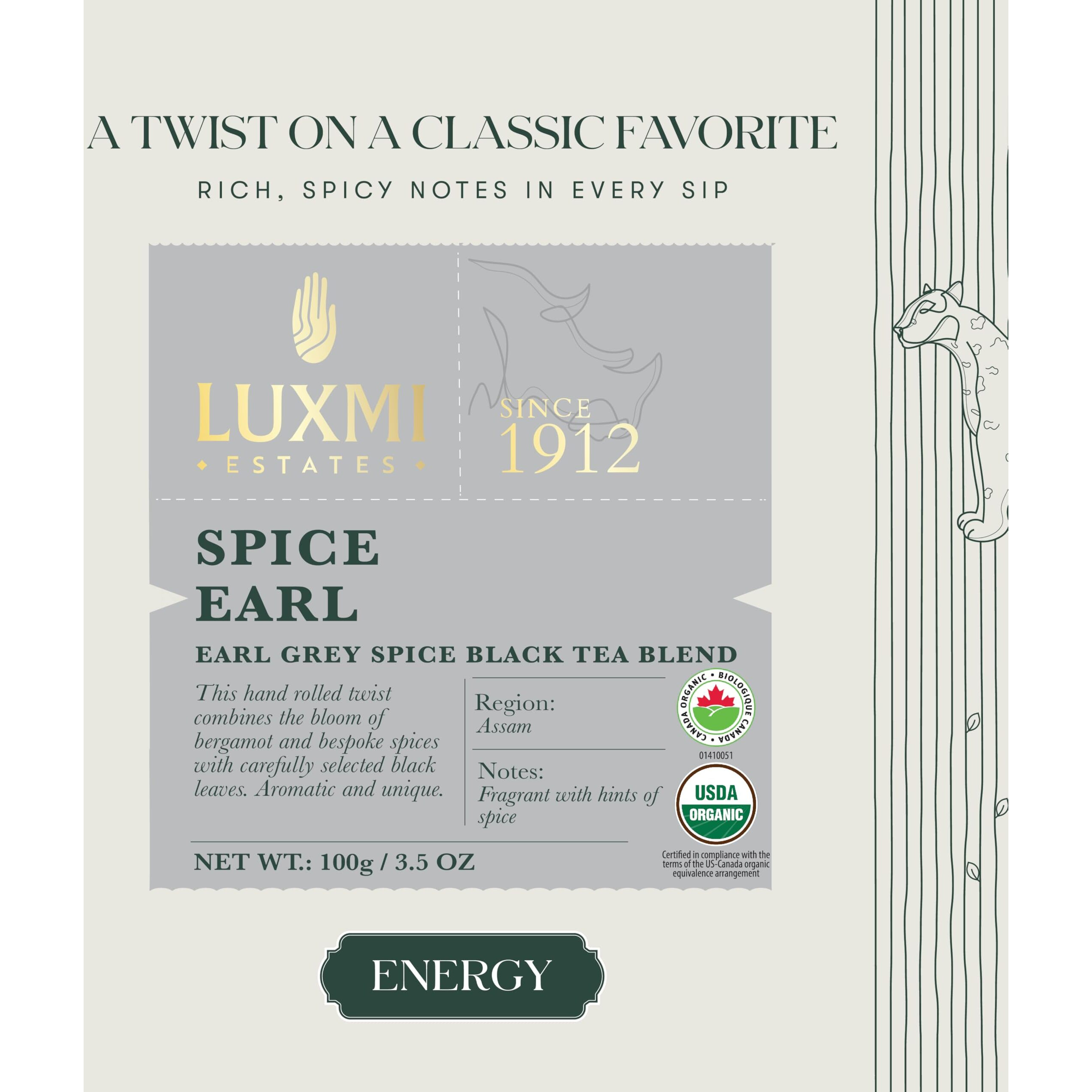 LUXMI Estates Spiced Earl Grey Tea 25 Tea Bags (50 Gm) Pack |Earl Grey Spice Black Tea Blend|Usda Certified Organic|Cinnamon,Cardamom,Cloves, Black Pepper