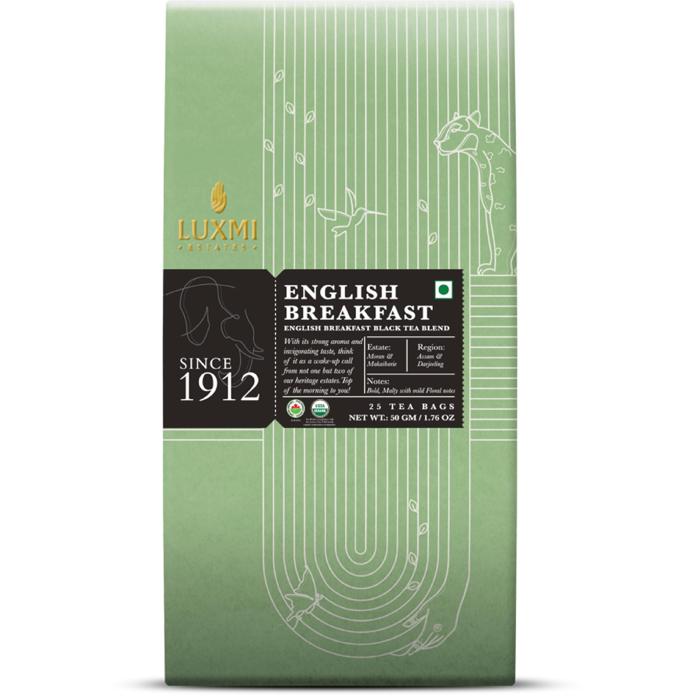 Luxmi Estates English Breakfast Tea 25 Tea Bags (50gm) Pack|A Tale of Two Estates |USDA Certified Organic Black Tea leaf|Smooth, Flavorful, Robust, Caffeinated|Darjeeling & Assam Tea from India