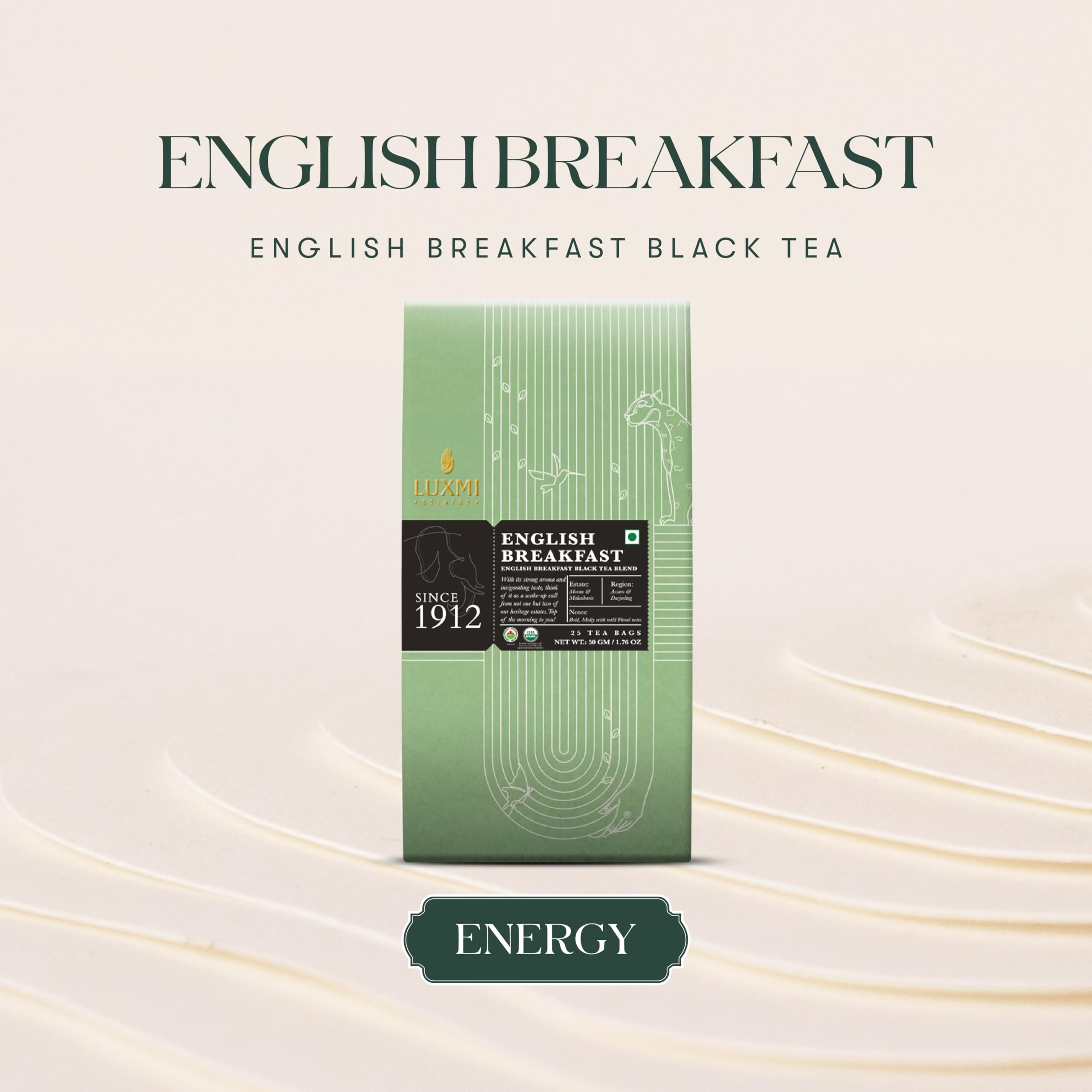 Luxmi Estates English Breakfast Tea 25 Tea Bags (50gm) Pack|A Tale of Two Estates |USDA Certified Organic Black Tea leaf|Smooth, Flavorful, Robust, Caffeinated|Darjeeling & Assam Tea from India