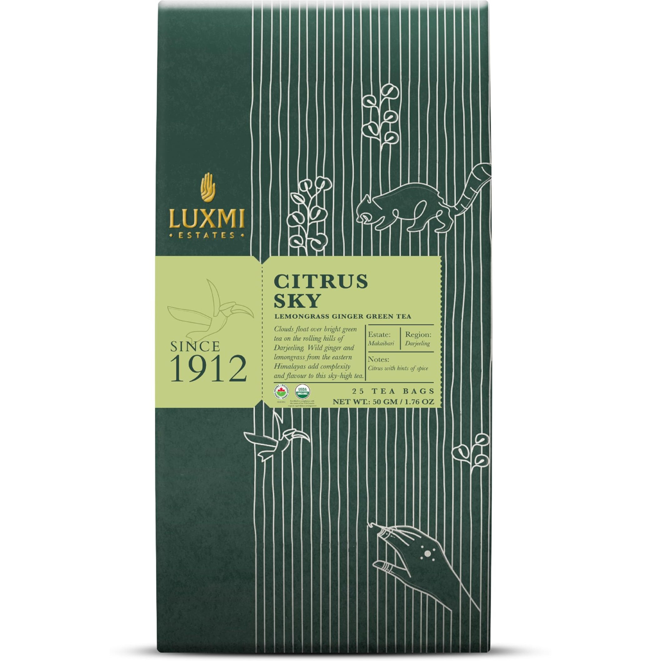 LUXMI Estates Citrus Sky Lemongrass Ginger Green Tea - 25 Tea Bags (50 Gm) Pack | Certified Organic Darjeeling Green Tea | Calming Citrus Flavor & Aroma | Natural Lemon Balm Tea