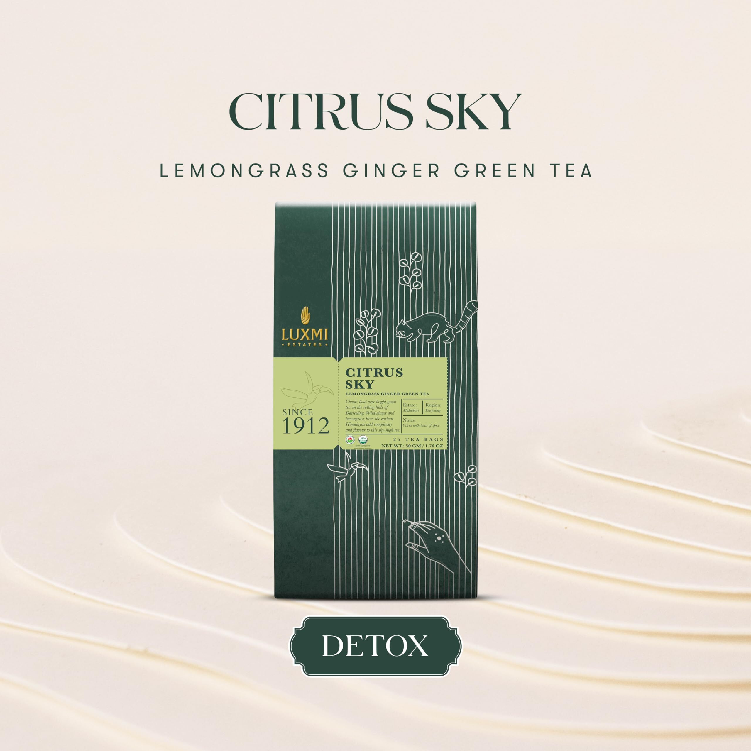 LUXMI Estates Citrus Sky Lemongrass Ginger Green Tea - 25 Tea Bags (50 Gm) Pack | Certified Organic Darjeeling Green Tea | Calming Citrus Flavor & Aroma | Natural Lemon Balm Tea