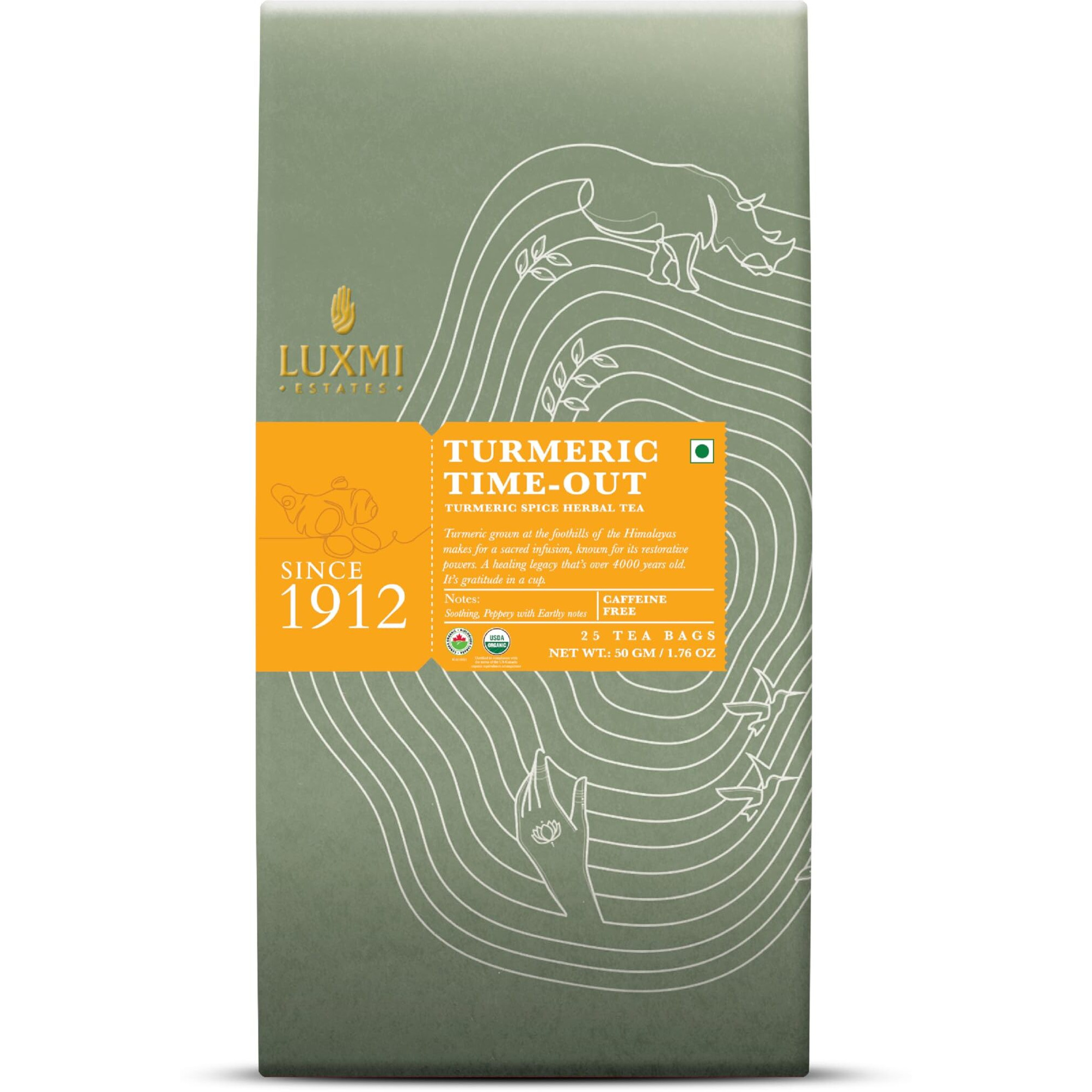 LUXMI Estates Turmeric Time-Out Herbal Tea - 25 Tea Bags (50 Gm) | Certified Usda Organic Herbal Tea | Turmeric, Ginger, Cardamom, Black Pepper Blend |Inflammation Response | 25 Cups