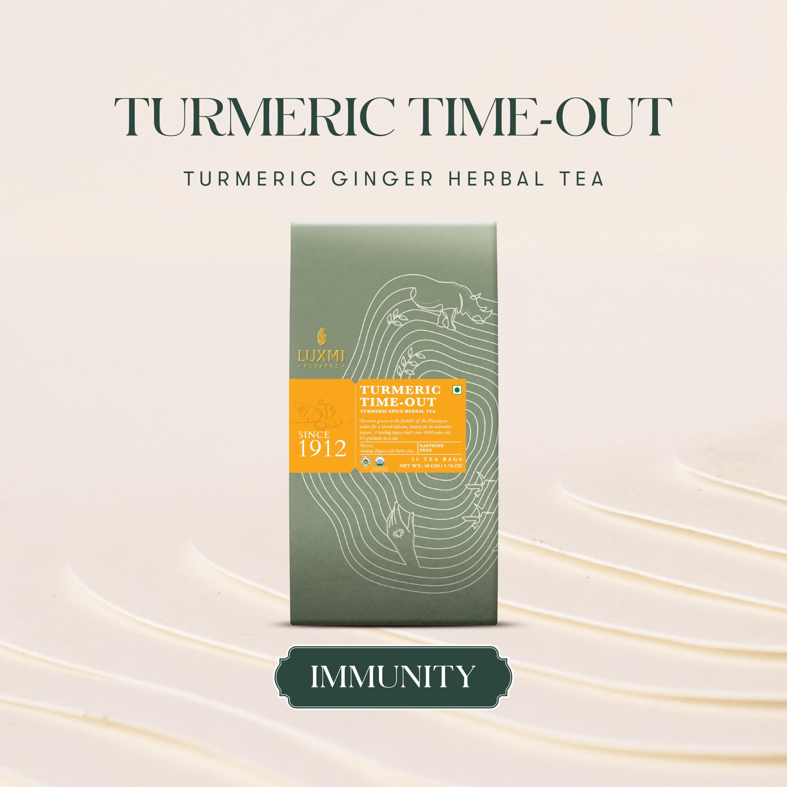 LUXMI Estates Turmeric Time-Out Herbal Tea - 25 Tea Bags (50 Gm) | Certified Usda Organic Herbal Tea | Turmeric, Ginger, Cardamom, Black Pepper Blend |Inflammation Response | 25 Cups