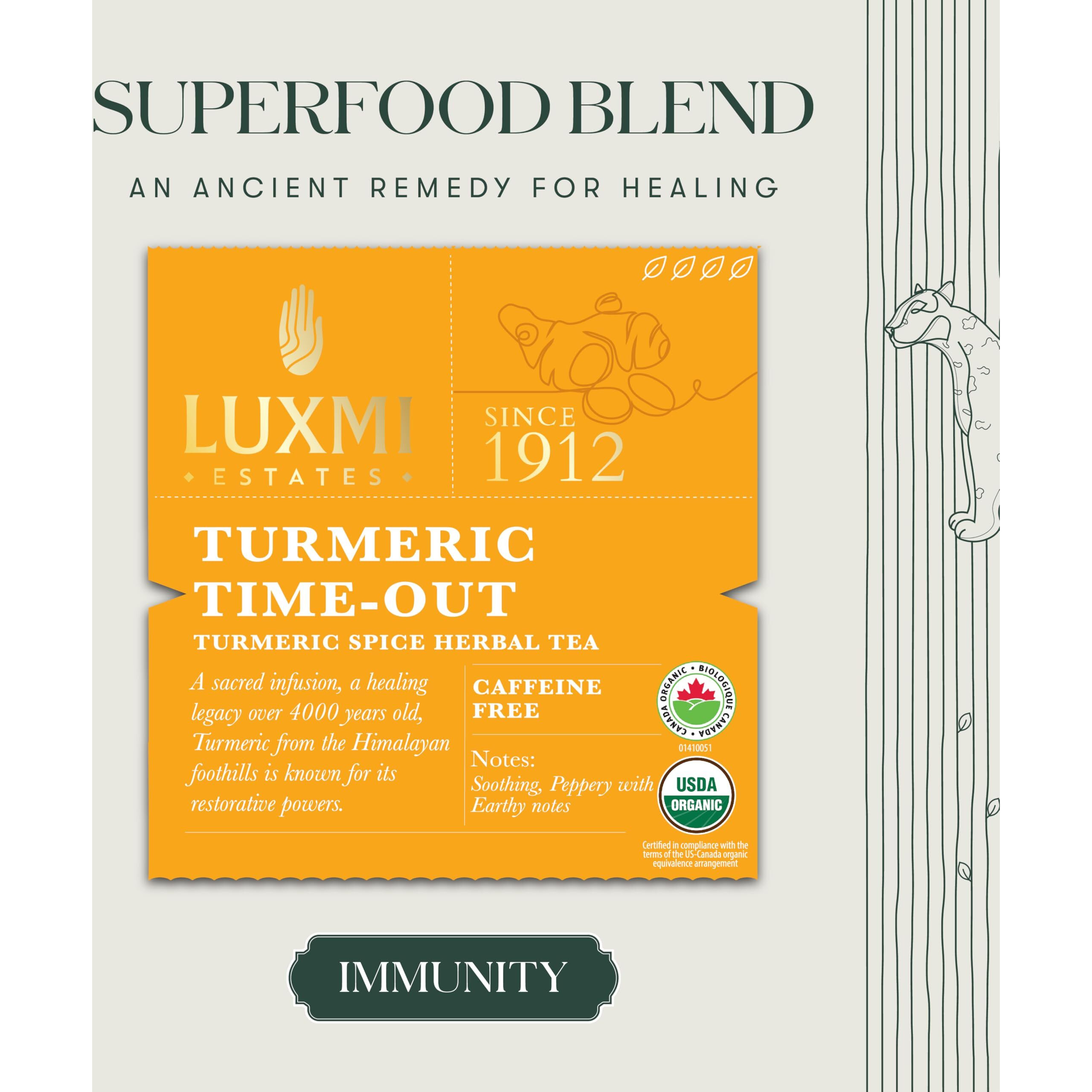 LUXMI Estates Turmeric Time-Out Herbal Tea - 25 Tea Bags (50 Gm) | Certified Usda Organic Herbal Tea | Turmeric, Ginger, Cardamom, Black Pepper Blend |Inflammation Response | 25 Cups