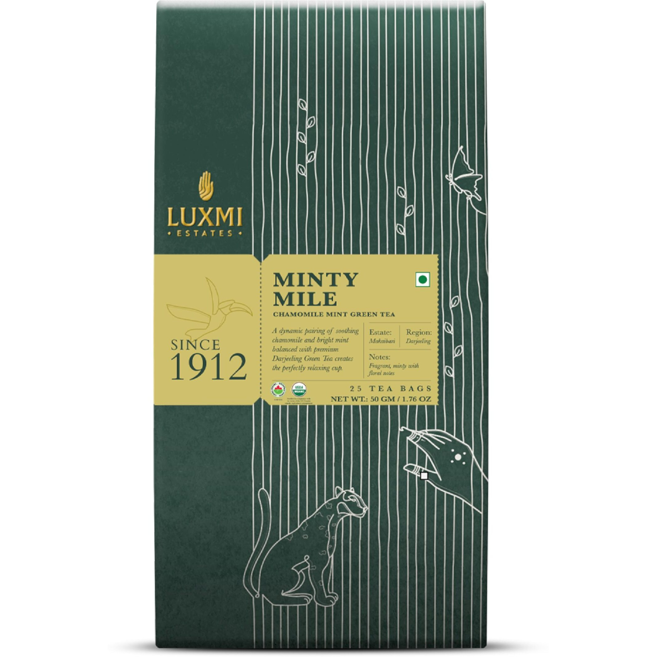 LUXMI Estates Minty Mile Chamomile Mint Green Tea 25 Tea Bags (50 Gm) Pack | Certified Organic Green Tea | Low Caffeine Chamomile Tea | Mint Tea Bags Best For Night Time | 50 Cups