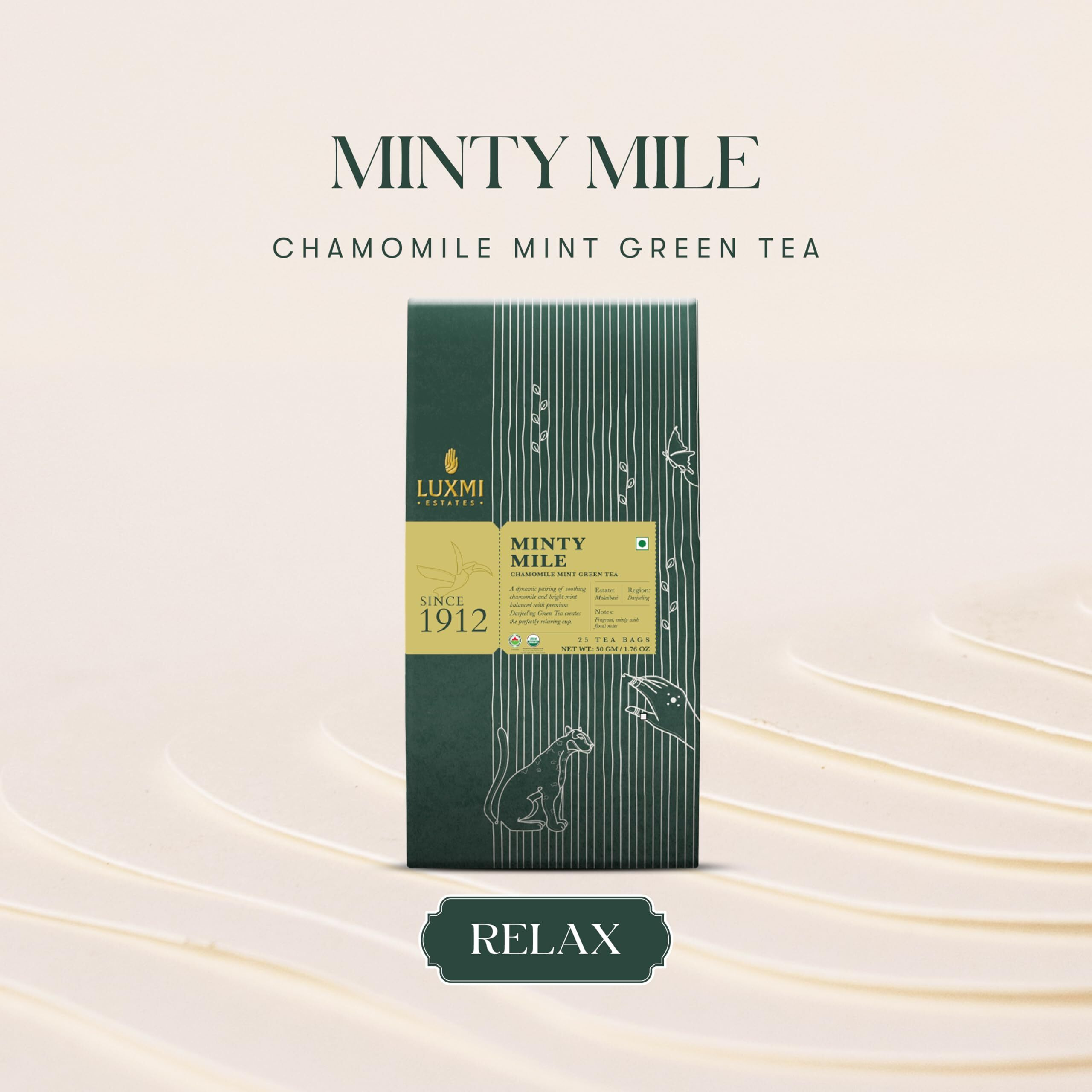 LUXMI Estates Minty Mile Chamomile Mint Green Tea 25 Tea Bags (50 Gm) Pack | Certified Organic Green Tea | Low Caffeine Chamomile Tea | Mint Tea Bags Best For Night Time | 50 Cups
