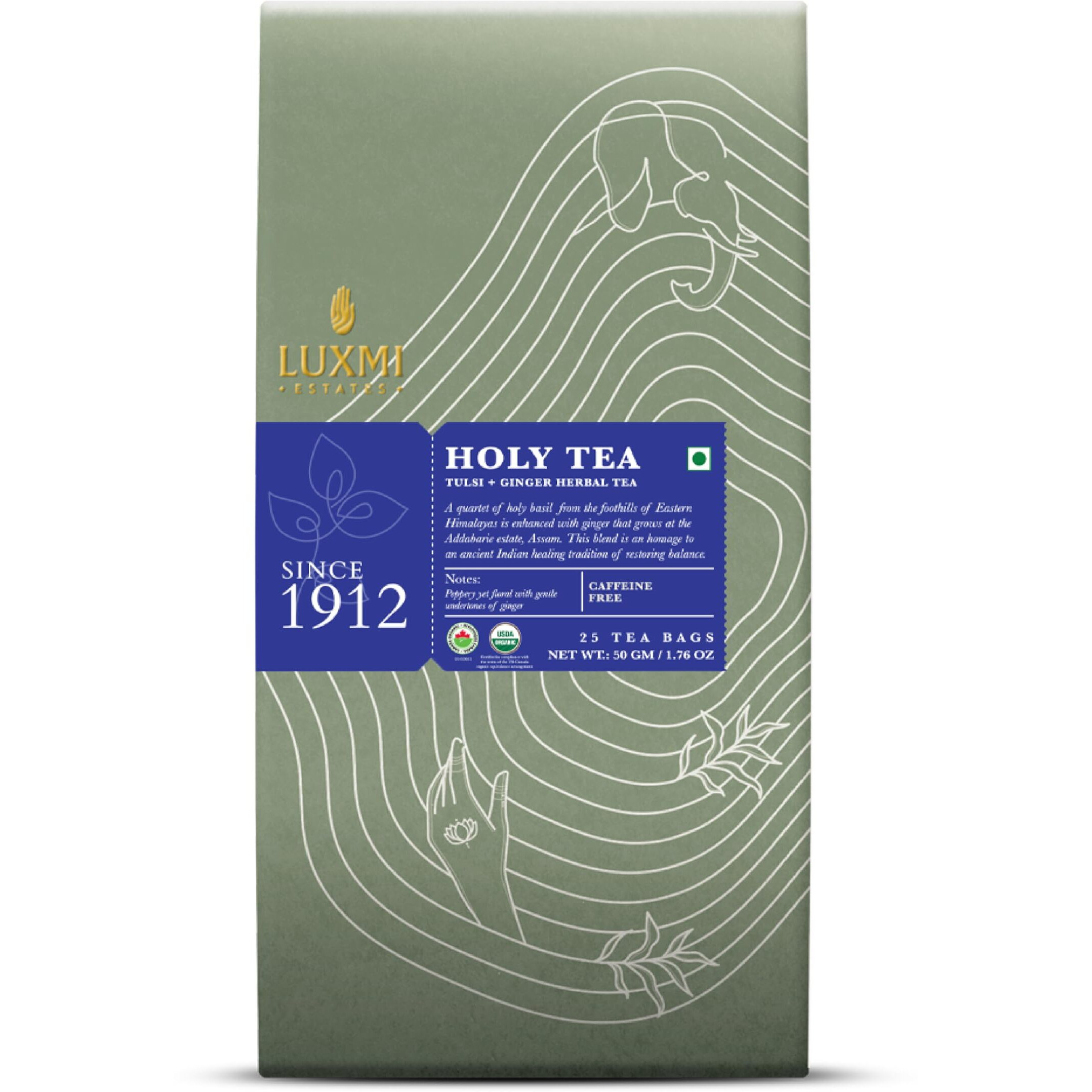 LUXMI Estates Holy Tea 25 Tea Bags Pack | Certified Organic Tulsi Tea|Decaffeinated|Immunity Booster|Digestion|Herbal Calming Tea, Herbal Tea, 50 Gram
