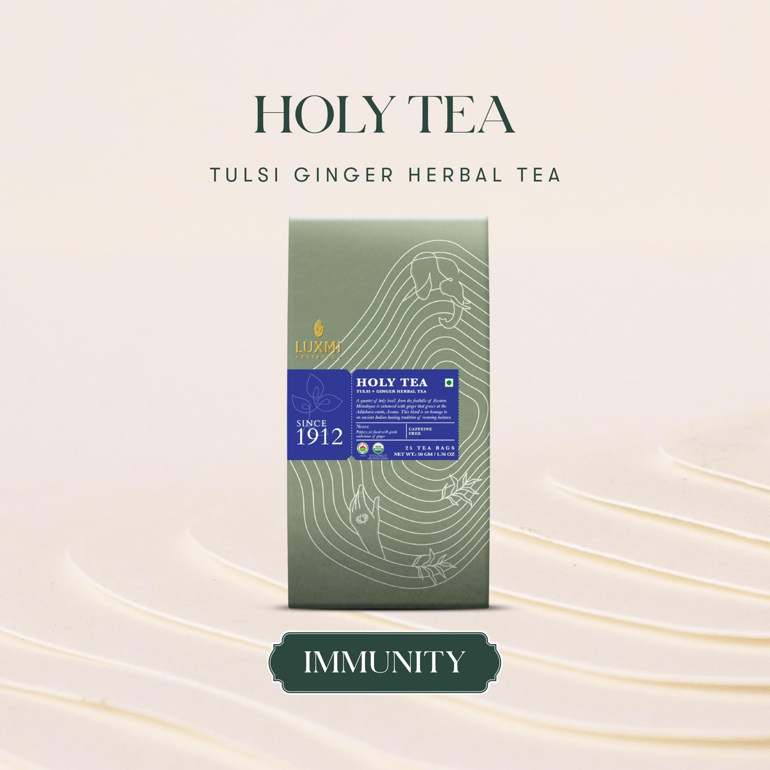 LUXMI Estates Holy Tea 25 Tea Bags Pack | Certified Organic Tulsi Tea|Decaffeinated|Immunity Booster|Digestion|Herbal Calming Tea, Herbal Tea, 50 Gram