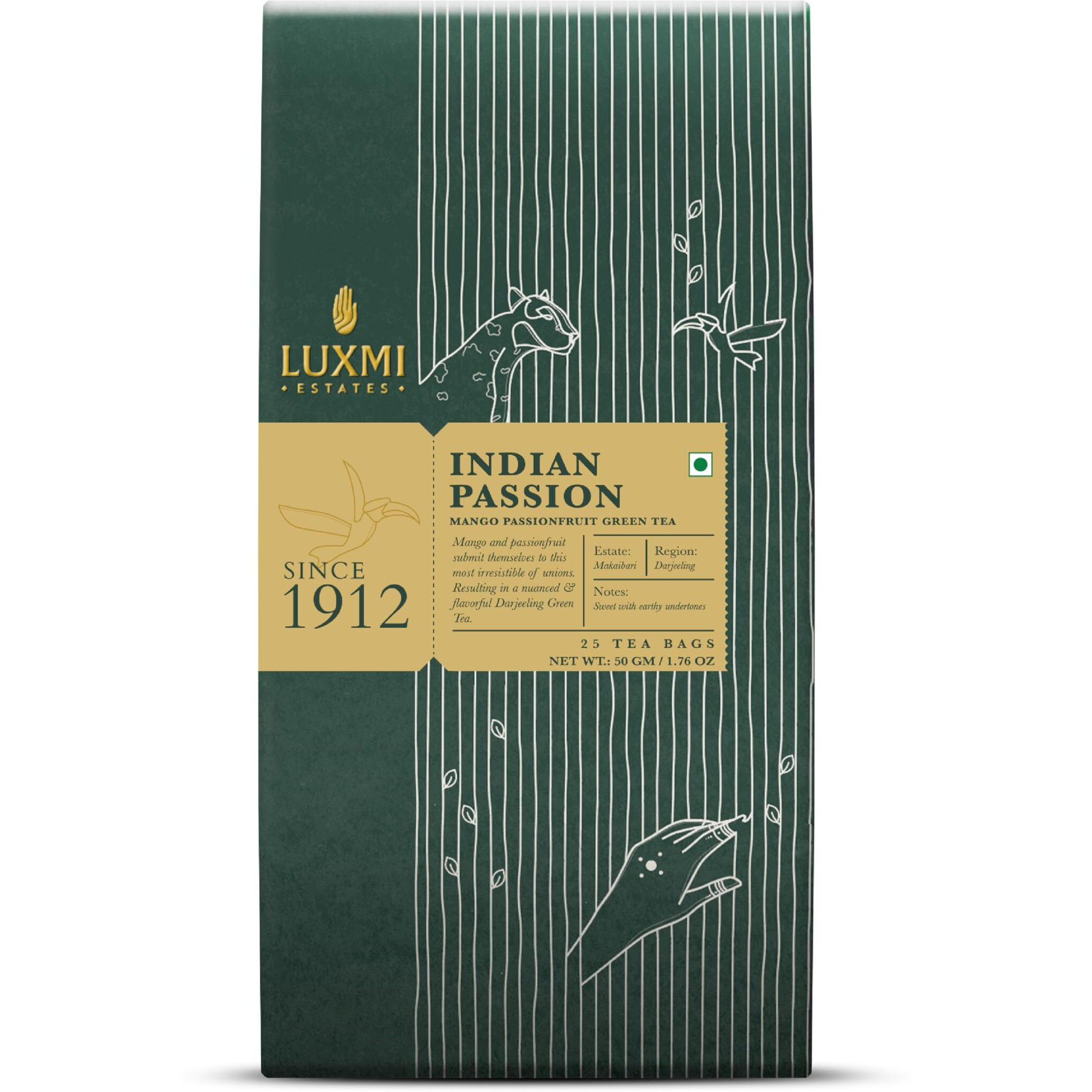 LUXMI Estates Indian Passion Green Tea 25 Tea Bags (50 Gm) Pack | Usda Certified Organic Darjeeling Green Tea | Mango Passion Fruit Green Tea | Lemongrass, Ginger,Lemon Peel