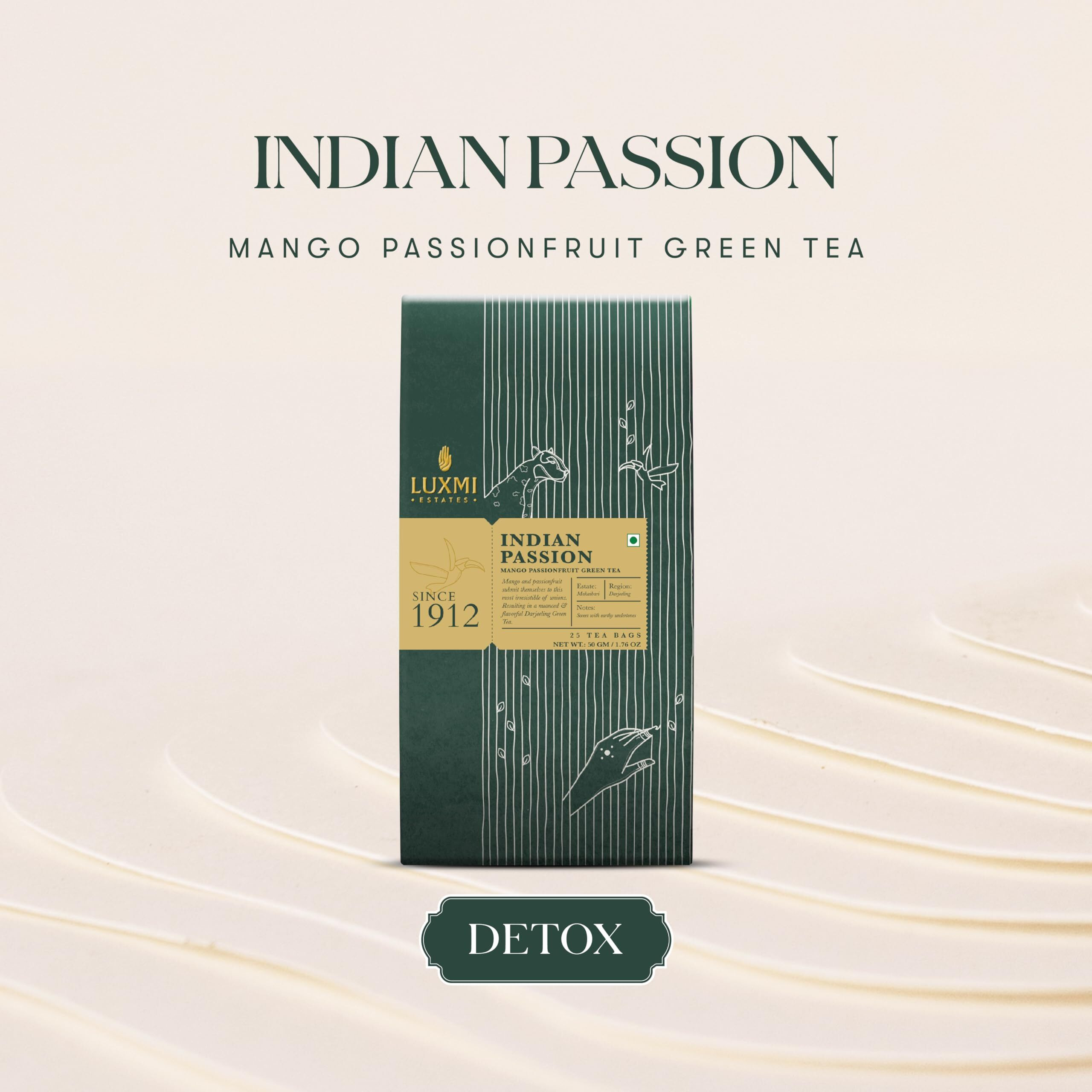 LUXMI Estates Indian Passion Green Tea 25 Tea Bags (50 Gm) Pack | Usda Certified Organic Darjeeling Green Tea | Mango Passion Fruit Green Tea | Lemongrass, Ginger,Lemon Peel