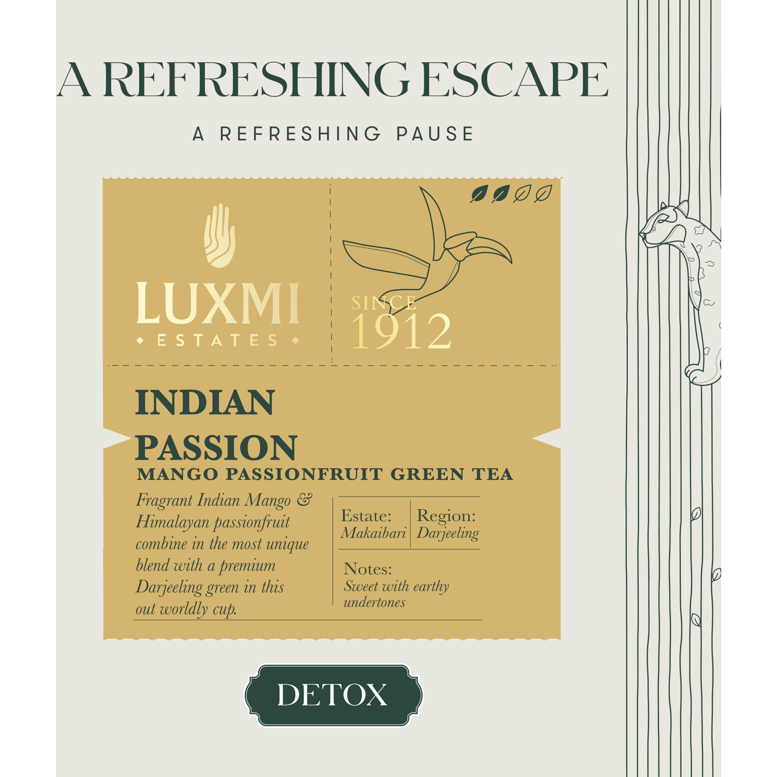 LUXMI Estates Indian Passion Green Tea 25 Tea Bags (50 Gm) Pack | Usda Certified Organic Darjeeling Green Tea | Mango Passion Fruit Green Tea | Lemongrass, Ginger,Lemon Peel