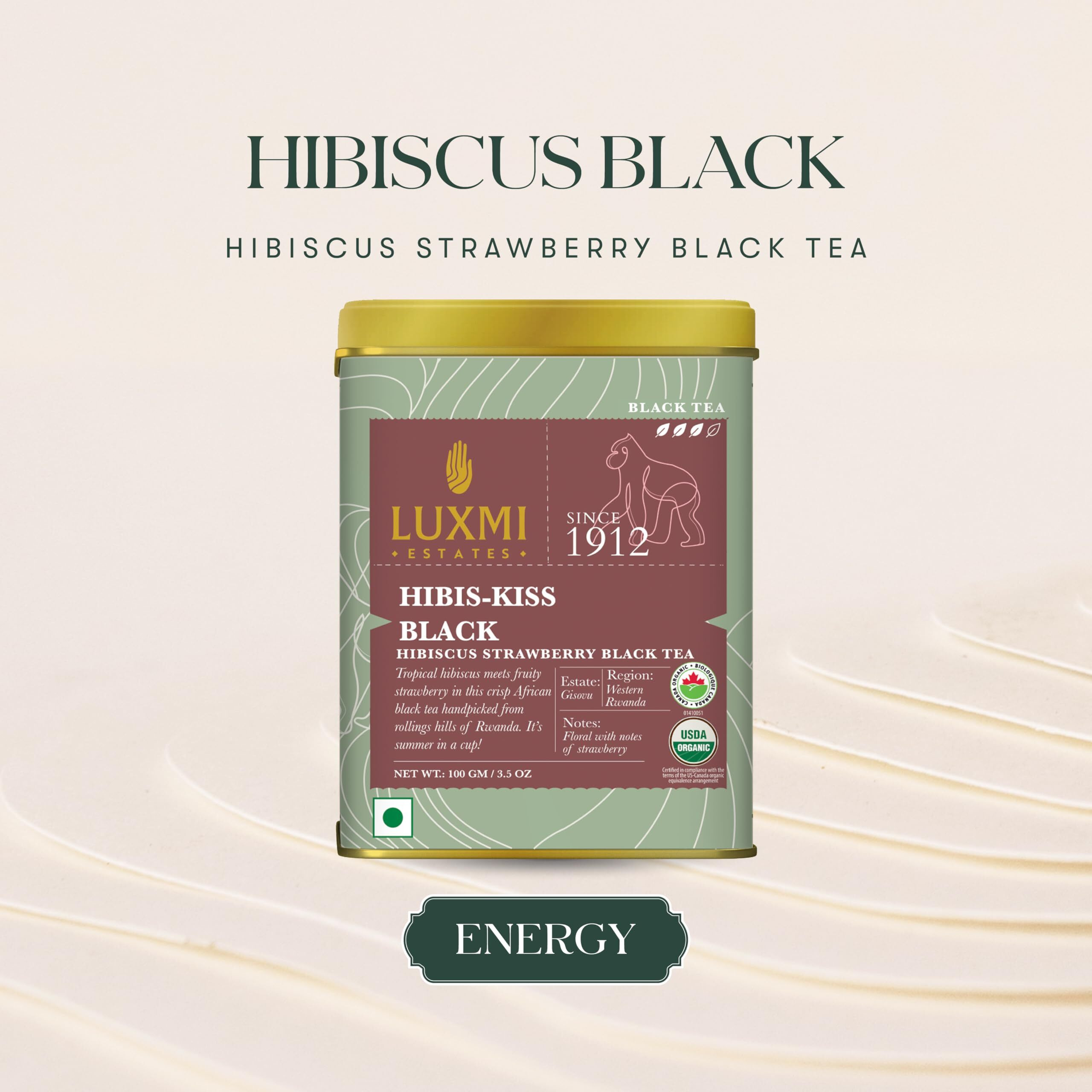Luxmi Estates Hibis-Kiss Black Tea 100gm Tin | USDA Certified Organic Hibiscus Strawberry Black Tea | Lemongrass, Spearmint