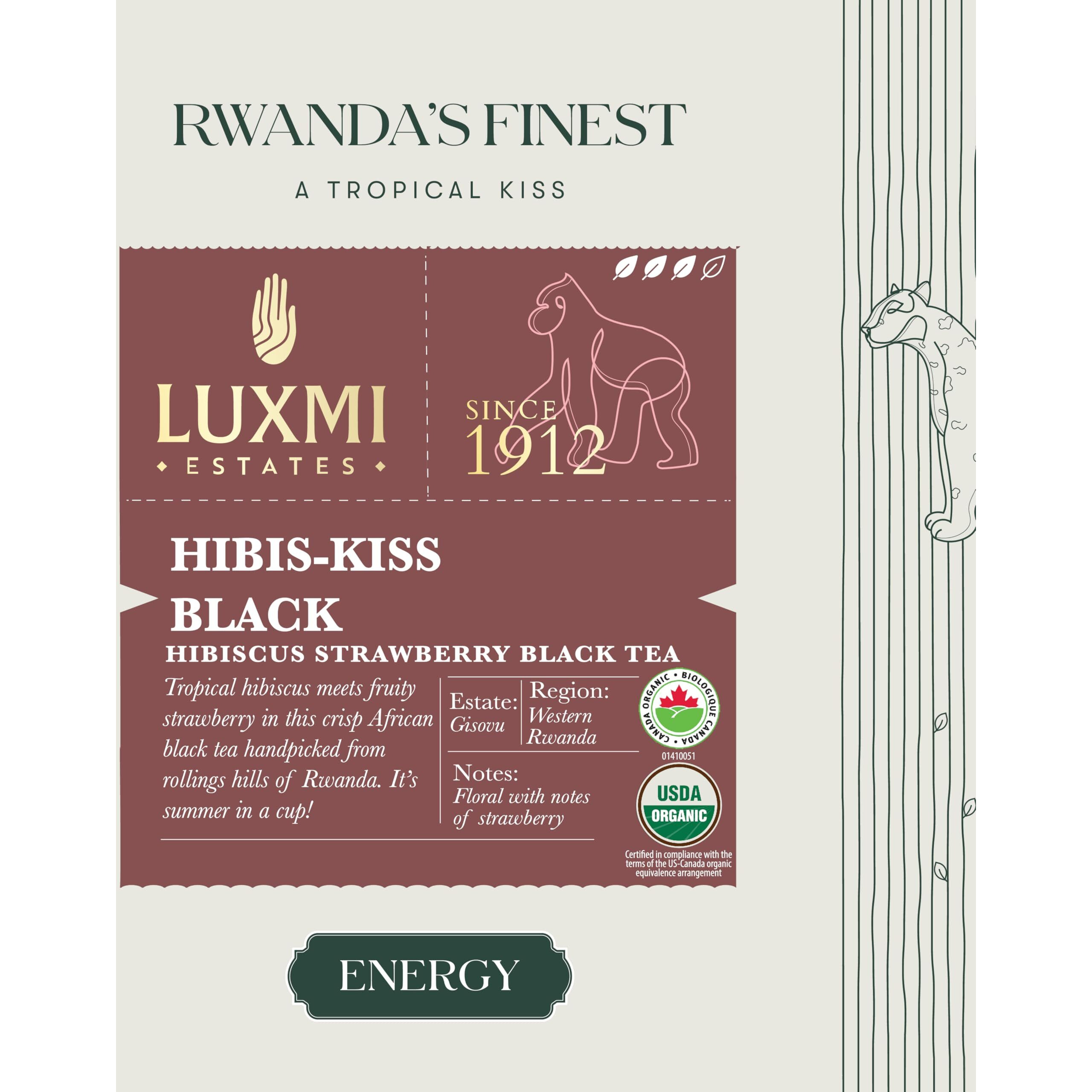 Luxmi Estates Hibis-Kiss Black Tea 100gm Tin | USDA Certified Organic Hibiscus Strawberry Black Tea | Lemongrass, Spearmint