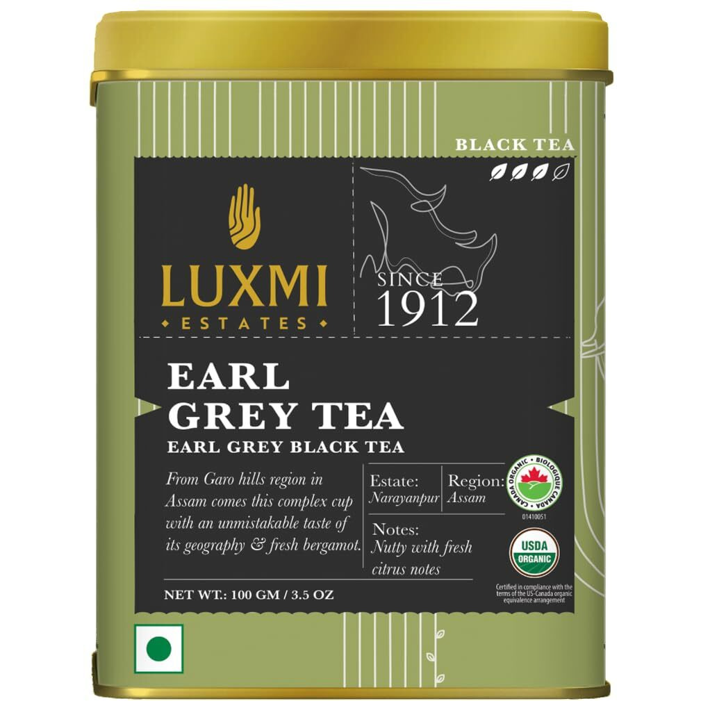 LUXMI Estates Garo Hills Organic Earl Grey Black Tea Tin Pack | Usda Organic - Earl Grey Tea | 100% Natural Bergamot Extracts | 50 Cups |Assam Black Tea, Loose Leaves - 100Gm