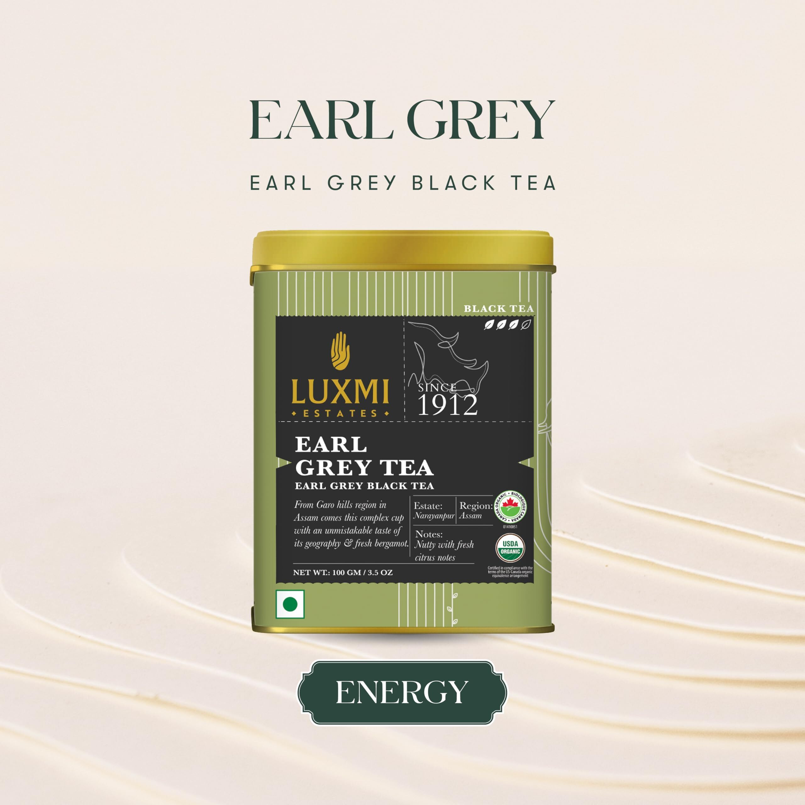 LUXMI Estates Garo Hills Organic Earl Grey Black Tea Tin Pack | Usda Organic - Earl Grey Tea | 100% Natural Bergamot Extracts | 50 Cups |Assam Black Tea, Loose Leaves - 100Gm