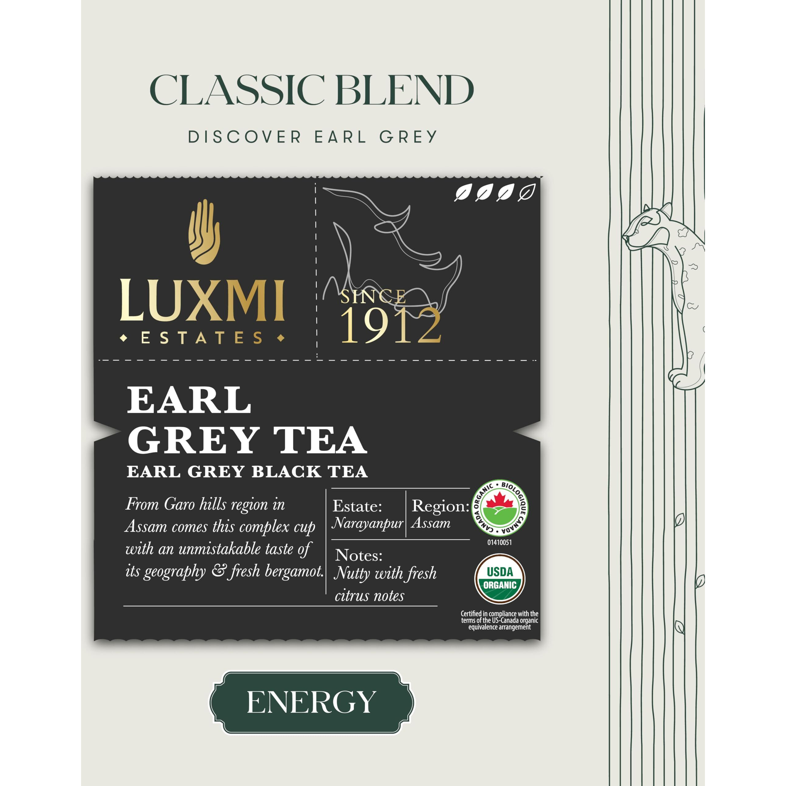 LUXMI Estates Garo Hills Organic Earl Grey Black Tea Tin Pack | Usda Organic - Earl Grey Tea | 100% Natural Bergamot Extracts | 50 Cups |Assam Black Tea, Loose Leaves - 100Gm