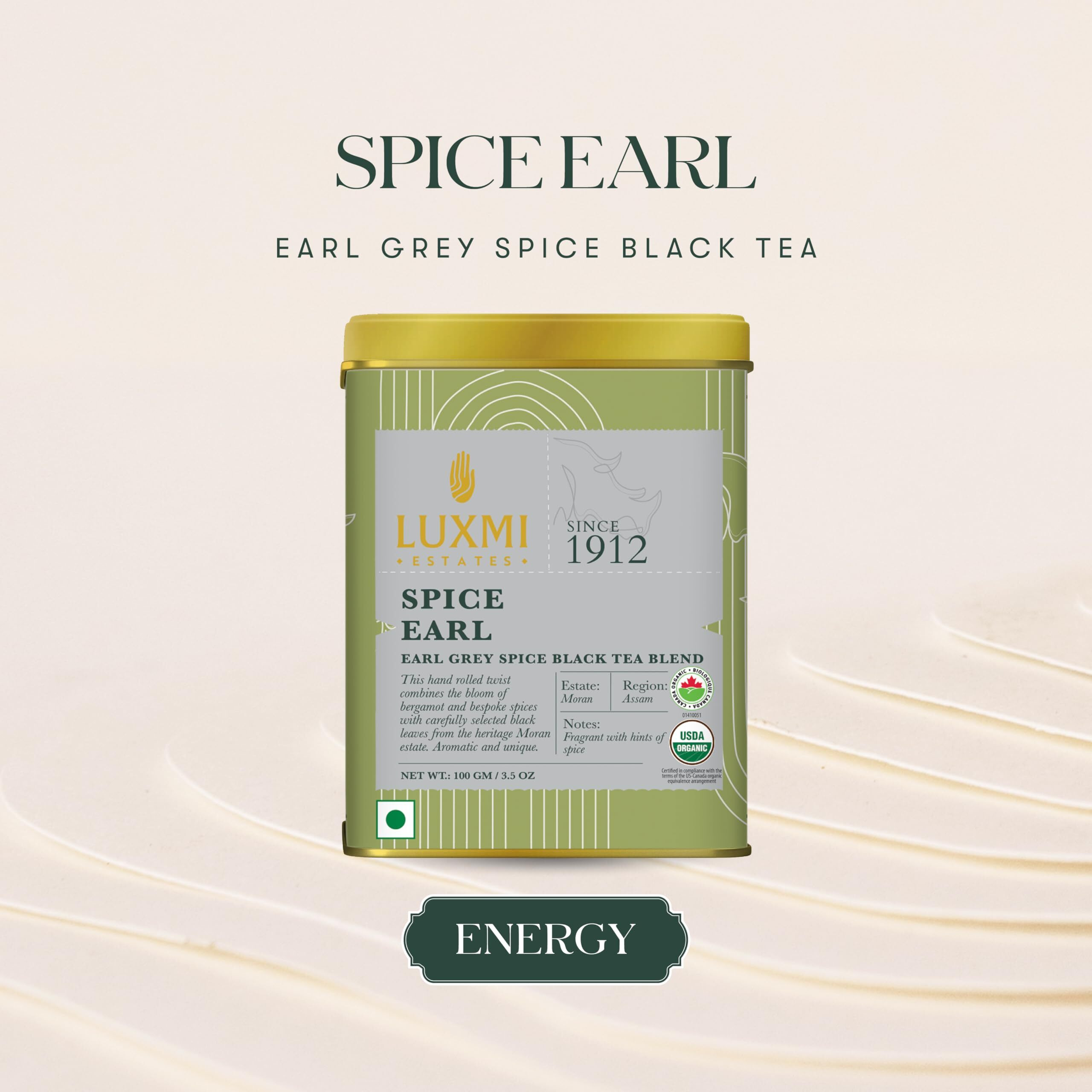 LUXMI Estates Spiced Earl Grey Tea 100Gm Tin |Loose Leaves,Earl Grey Spice Black Tea Blend|Usda Certified Organic|Cinnamon,Cardamom,Cloves, Black Pepper