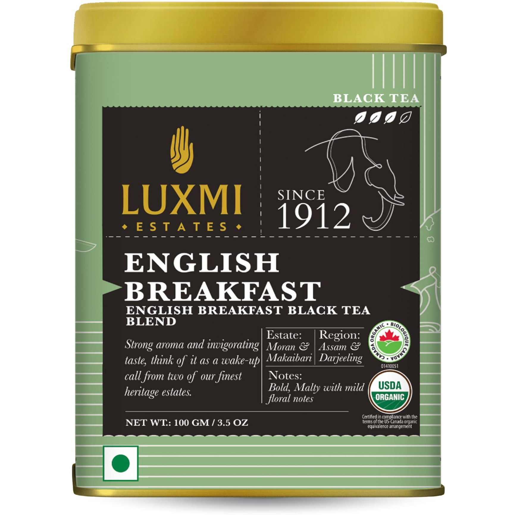 LUXMI Estates English Breakfast Tea 100Gm Loose Leaf Tin | A Tale Of Two Estates | Certified Organic Black Tea Leaf | Smooth, Flavorful, Robust, Caffeinated | 100 Grams